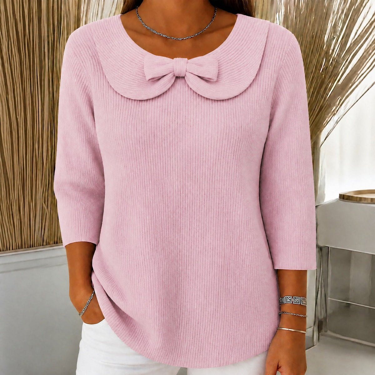 Sophie - Women's Bow Collar Ribbed Knit Sweater with Three-Quarter Sleeves - Sweaters - Pink - Parker&Brooks