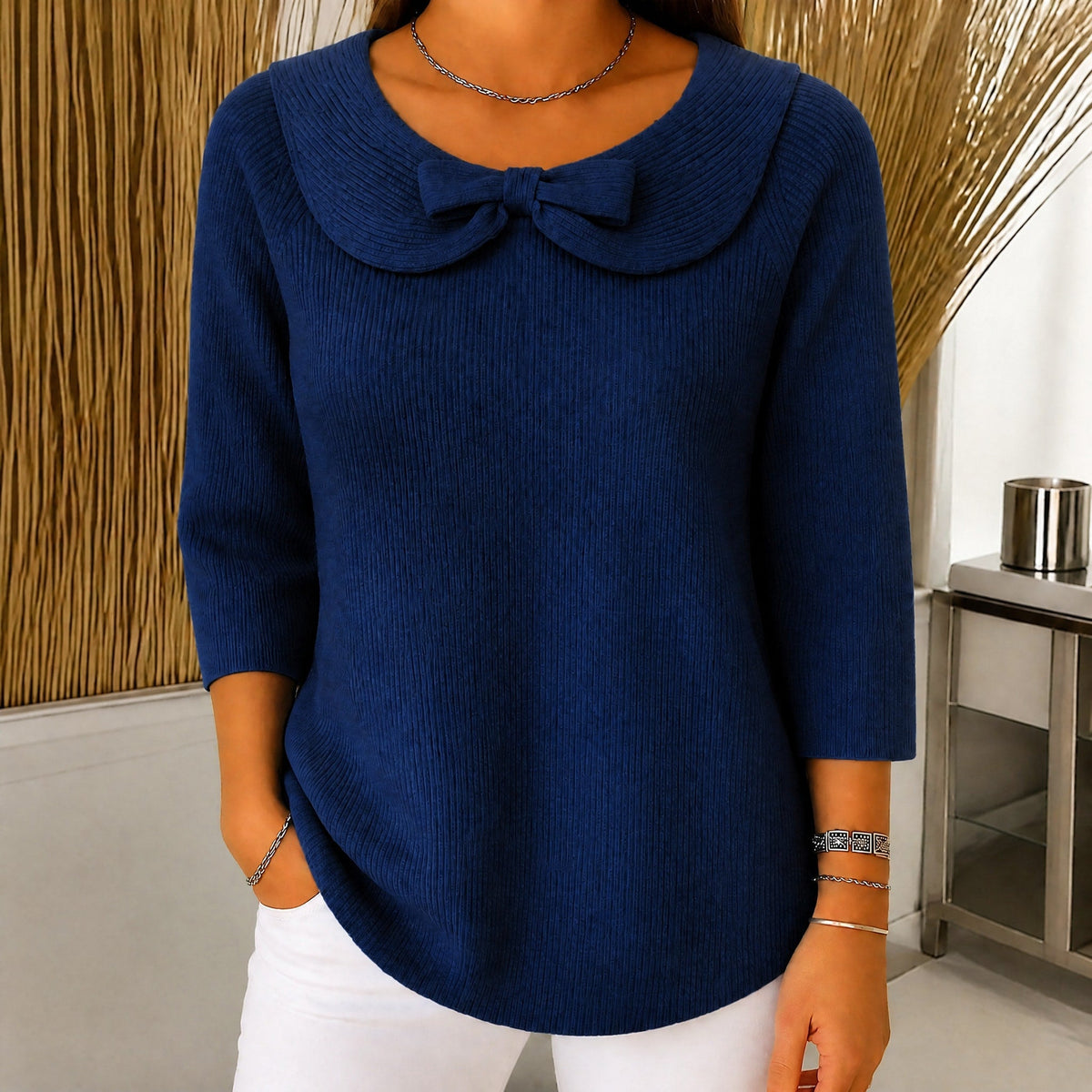 Sophie - Women's Bow Collar Ribbed Knit Sweater with Three-Quarter Sleeves - Sweaters - Navy Blue - Parker&Brooks