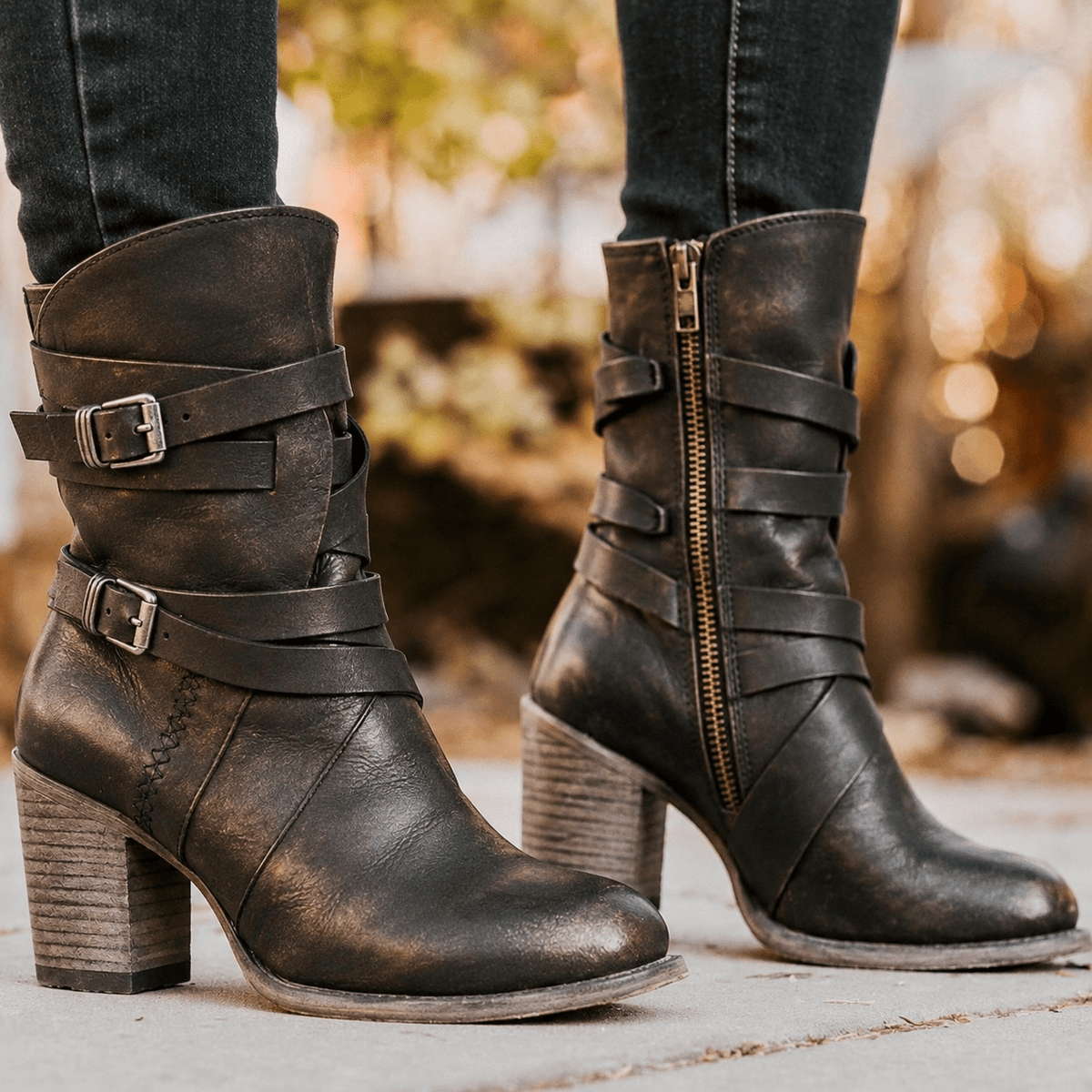 Sophie - Women's Buckle Strap Mid-Calf Boots with Side Zip and Block Heel - Boots - Black - Sarvento