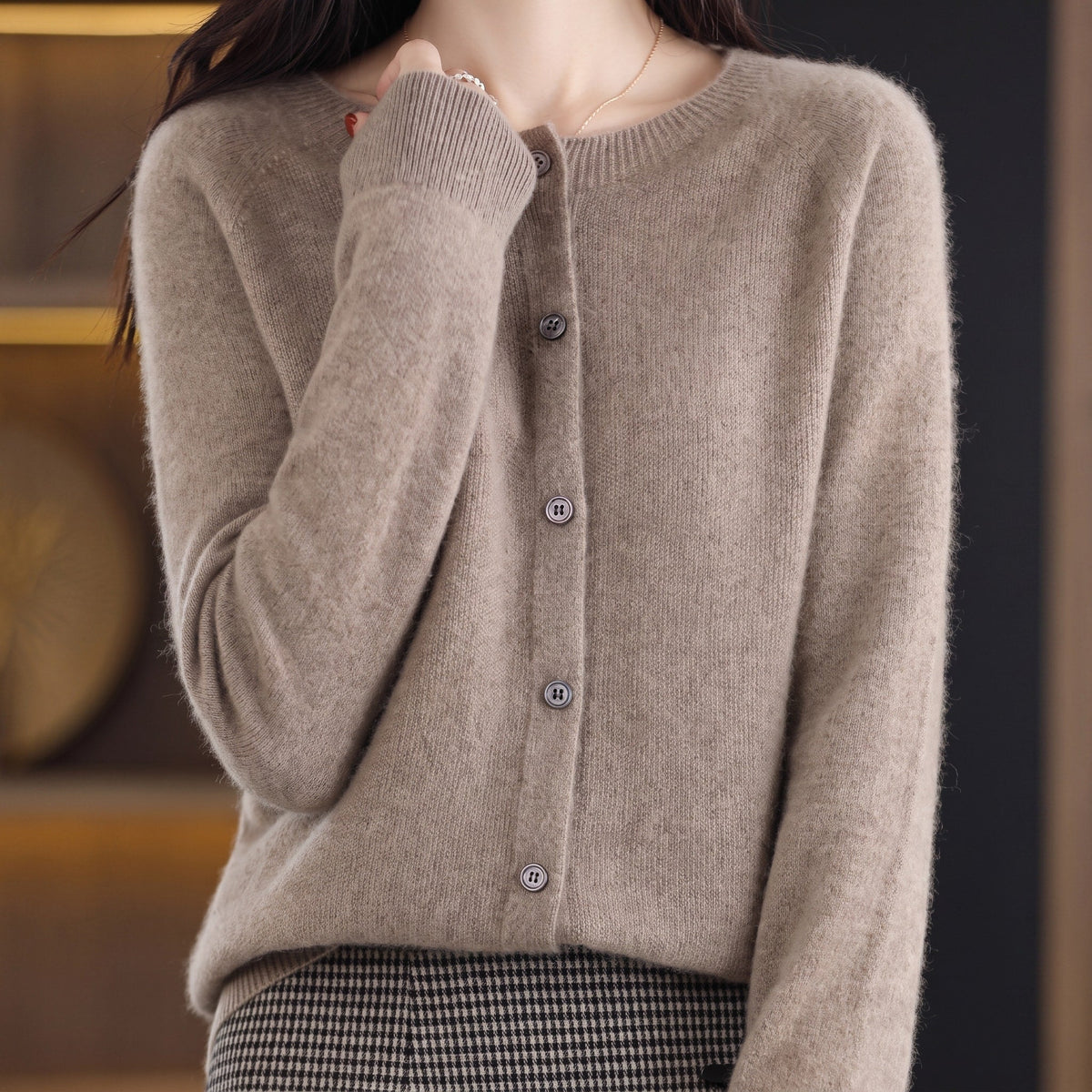 Sophie - Women's Button-Down Crew Neck Knit Cardigan - Cardigans - Brown - Parker&Brooks