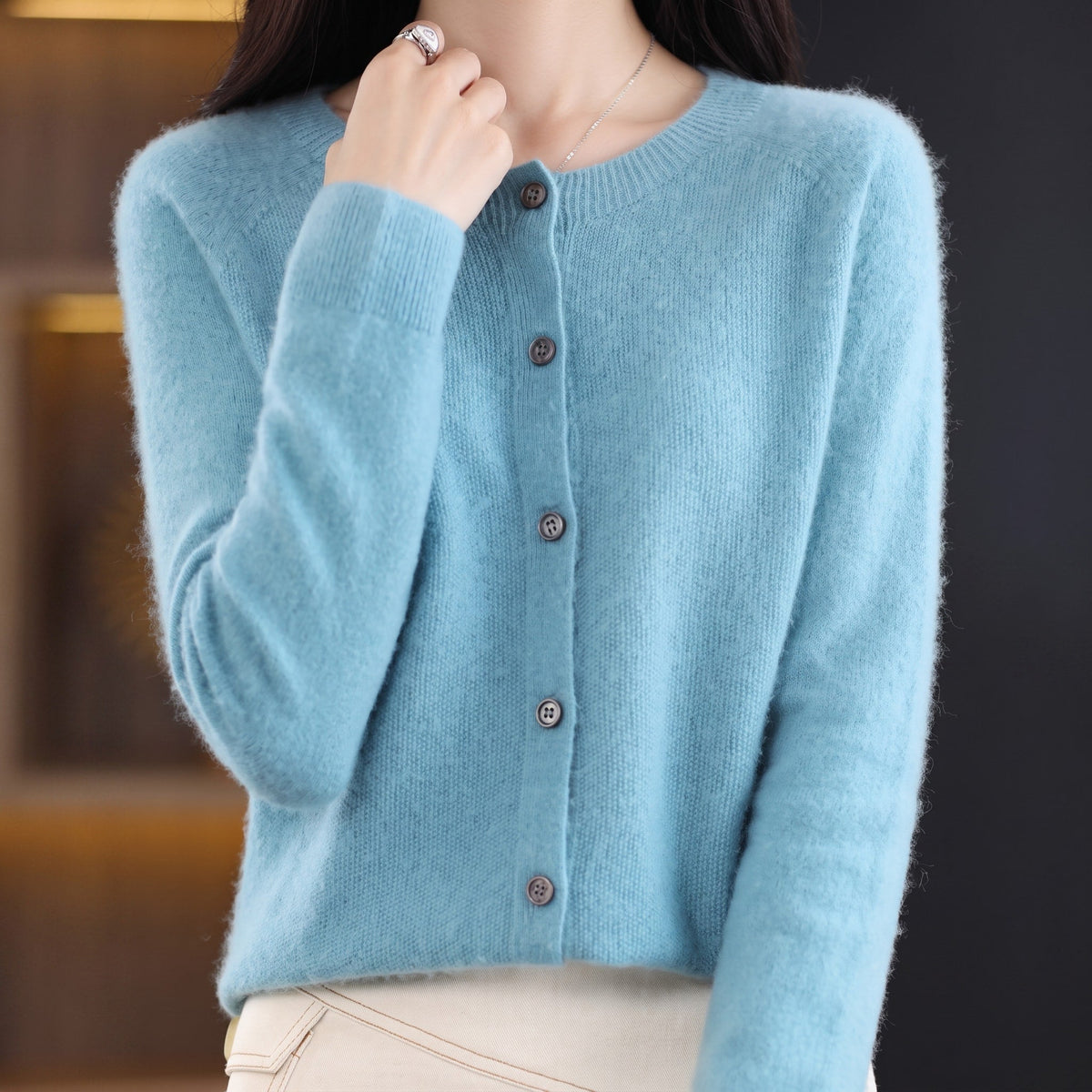 Sophie - Women's Button-Down Crew Neck Knit Cardigan - Cardigans - Light Blue - Parker&Brooks