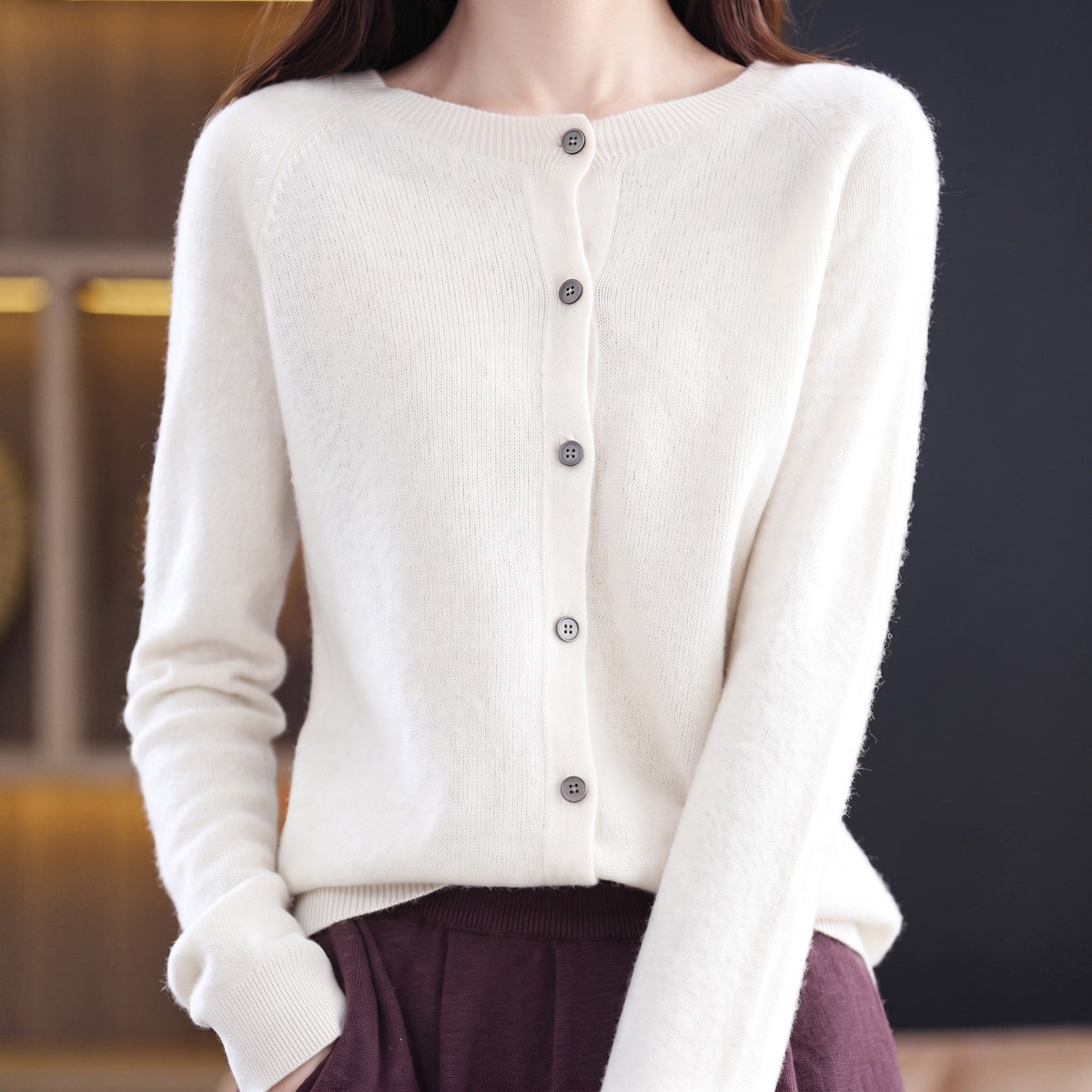 Sophie - Women's Button-Down Crew Neck Knit Cardigan - Cardigans - White - Parker&Brooks
