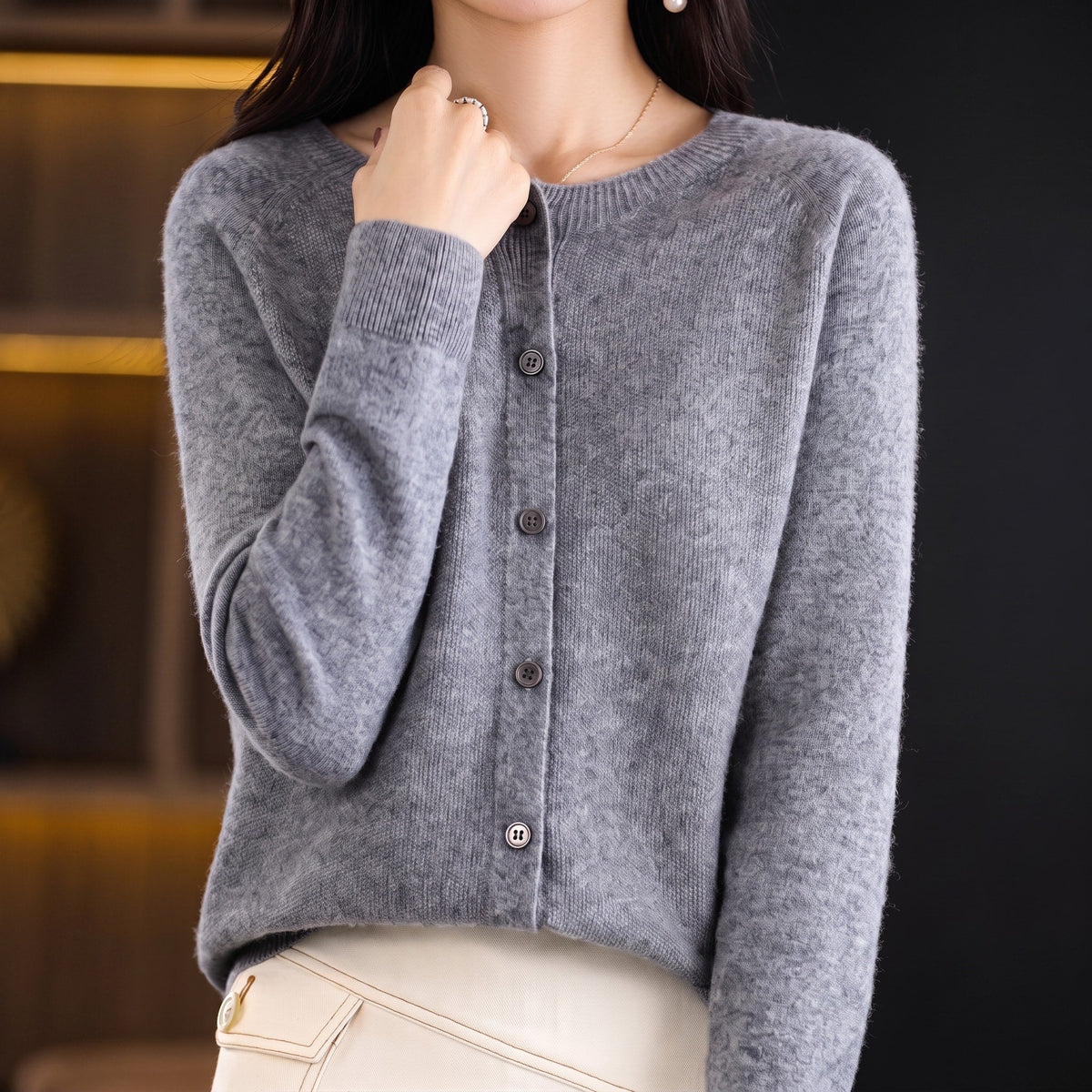 Sophie - Women's Button-Down Crew Neck Knit Cardigan - Cardigans - Gray - Parker&Brooks