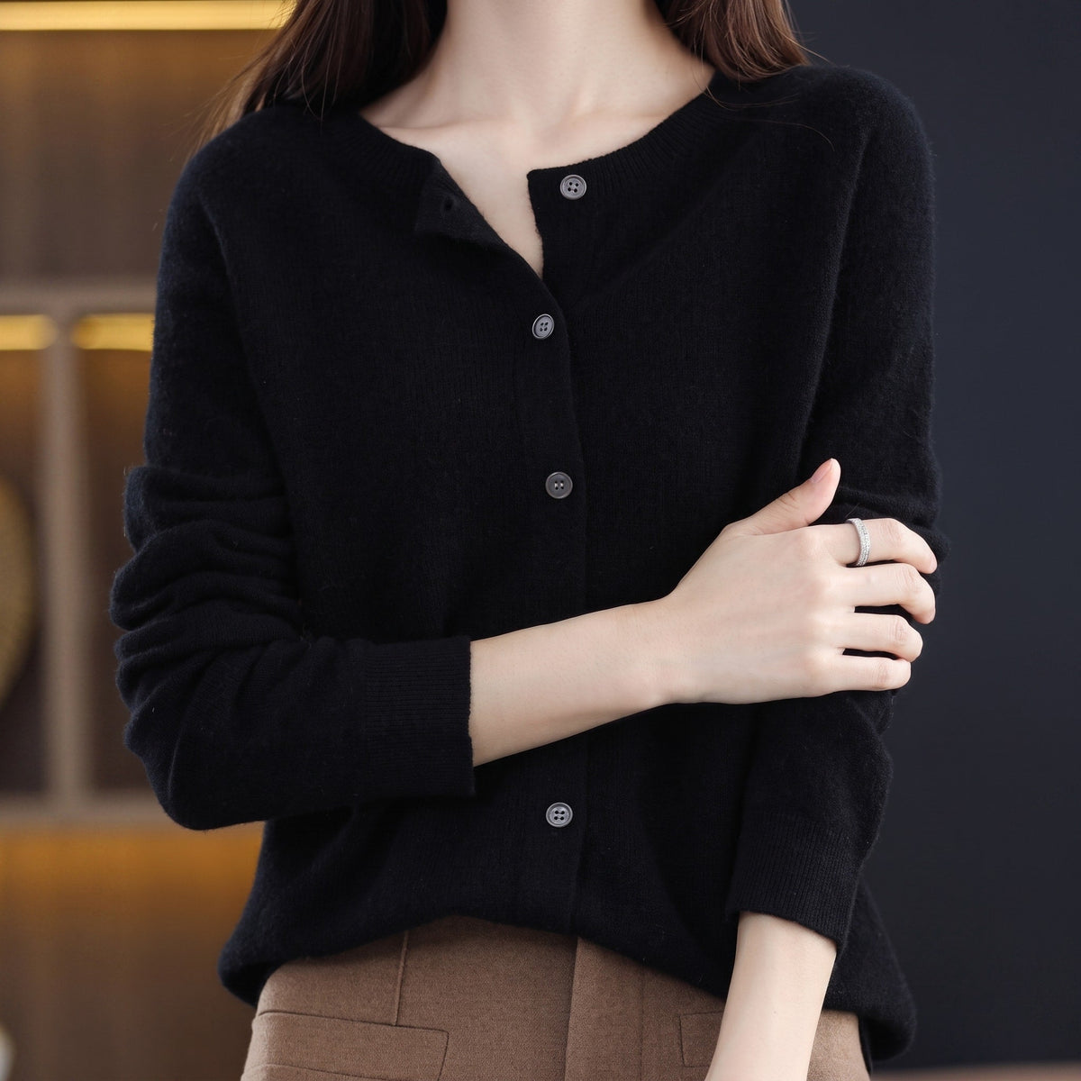 Sophie - Women's Button-Down Crew Neck Knit Cardigan - Cardigans - Black - Parker&Brooks