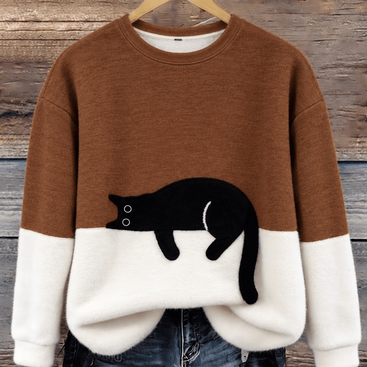 Sophie - Women's Cat Print Colorblock Crew Neck Pullover Sweater - Sweater - Brown - Sarvento