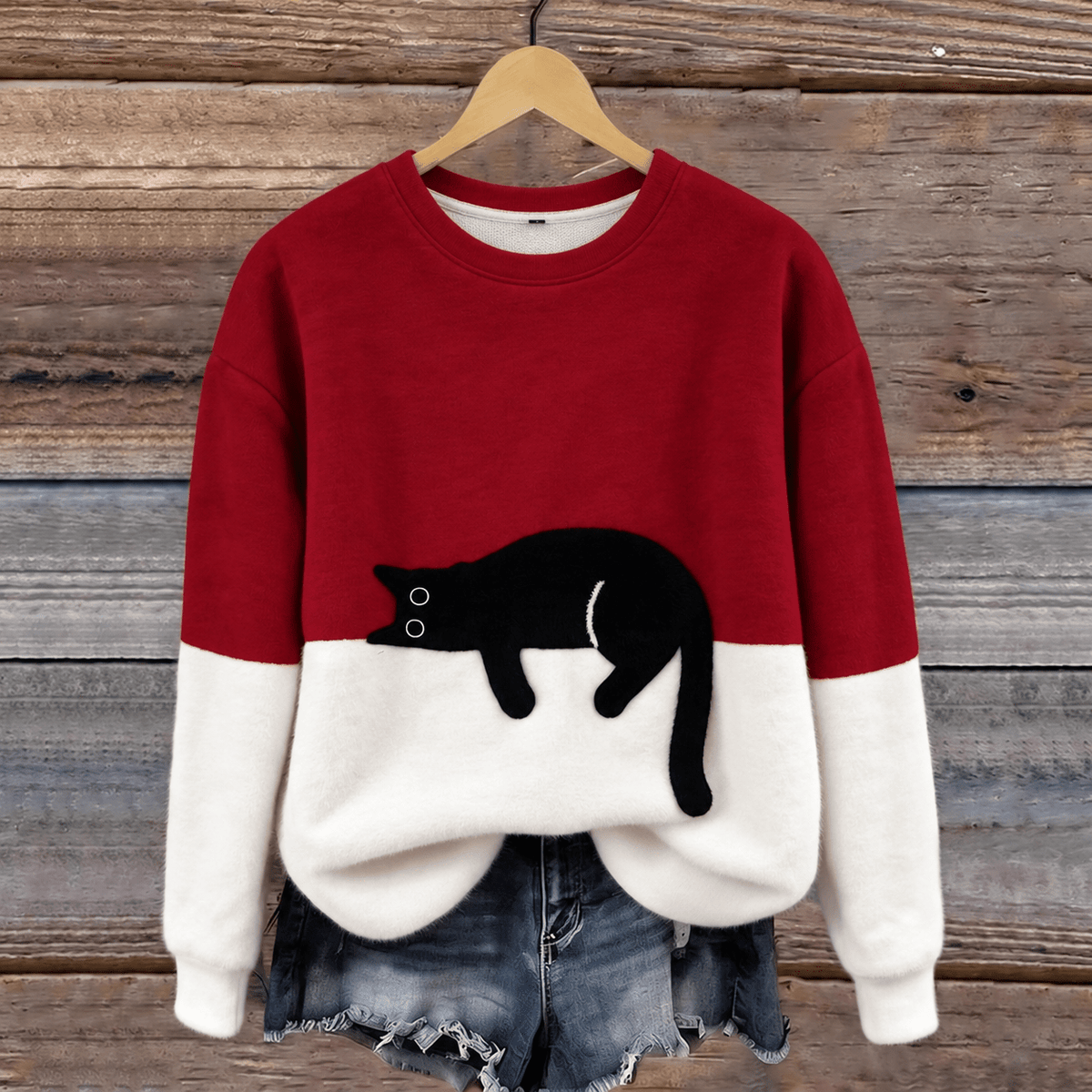 Sophie - Women's Cat Print Colorblock Crew Neck Pullover Sweater - Sweater - Red - Sarvento