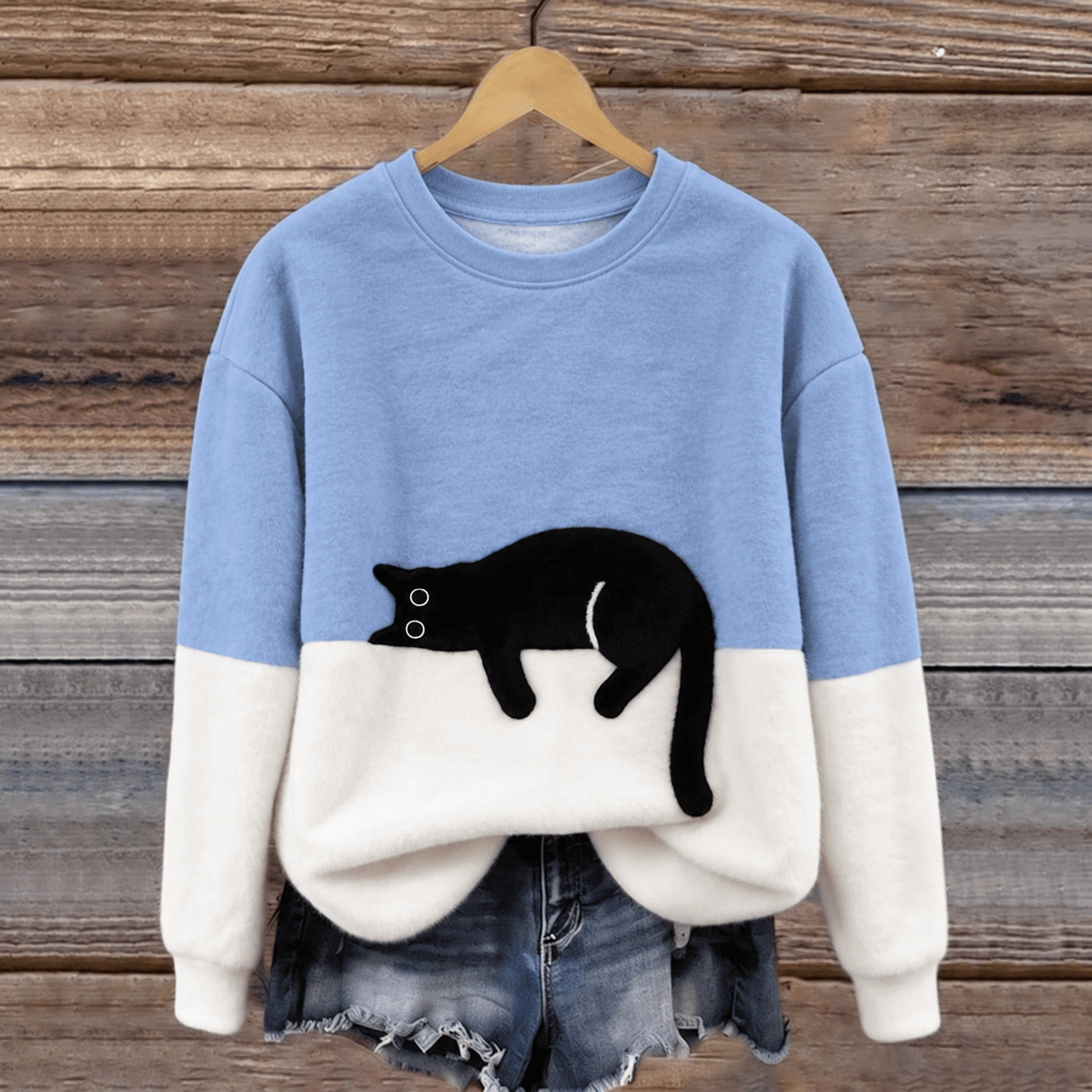 Sophie - Women's Cat Print Colorblock Crew Neck Pullover Sweater - Sweater - Sky Blue - Sarvento