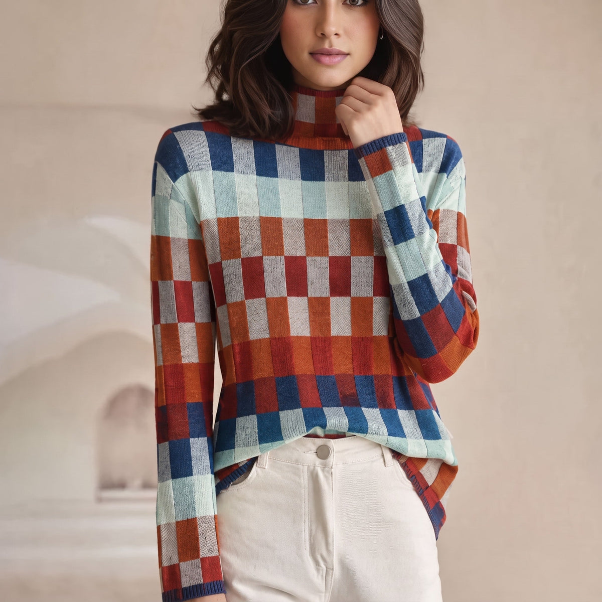 Sophie - Women's Checkered Turtleneck Sweater with Ribbed Cuffs - Sweater - Red - Parker&Brooks