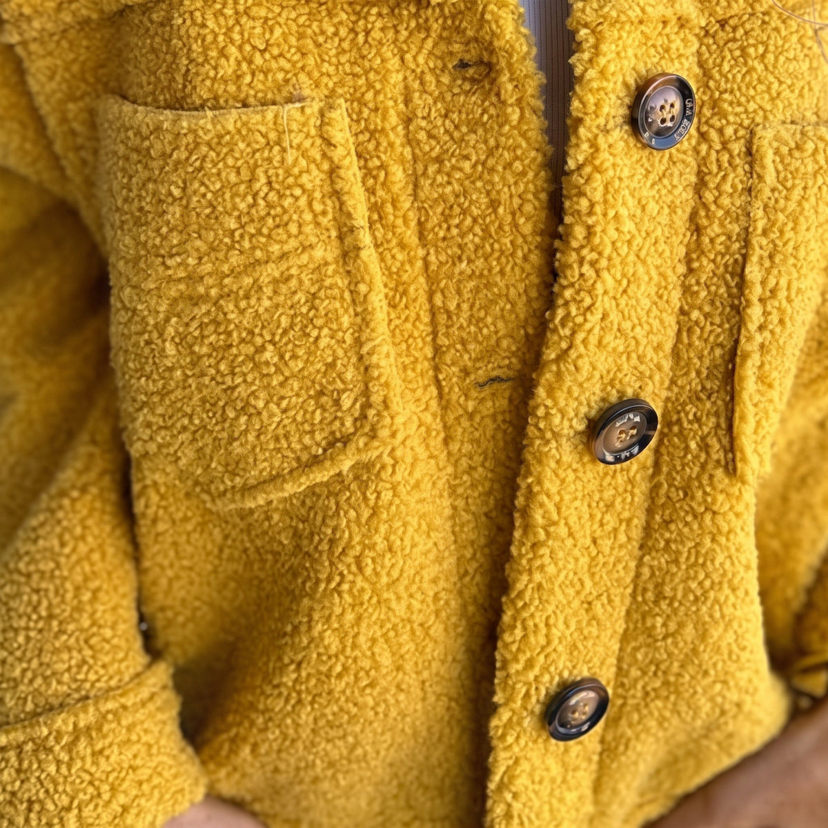 Sophie - Women's Collared Button-Front Teddy Shacket with Patch Pockets - Coats & Jackets - Yellow - Sarvento