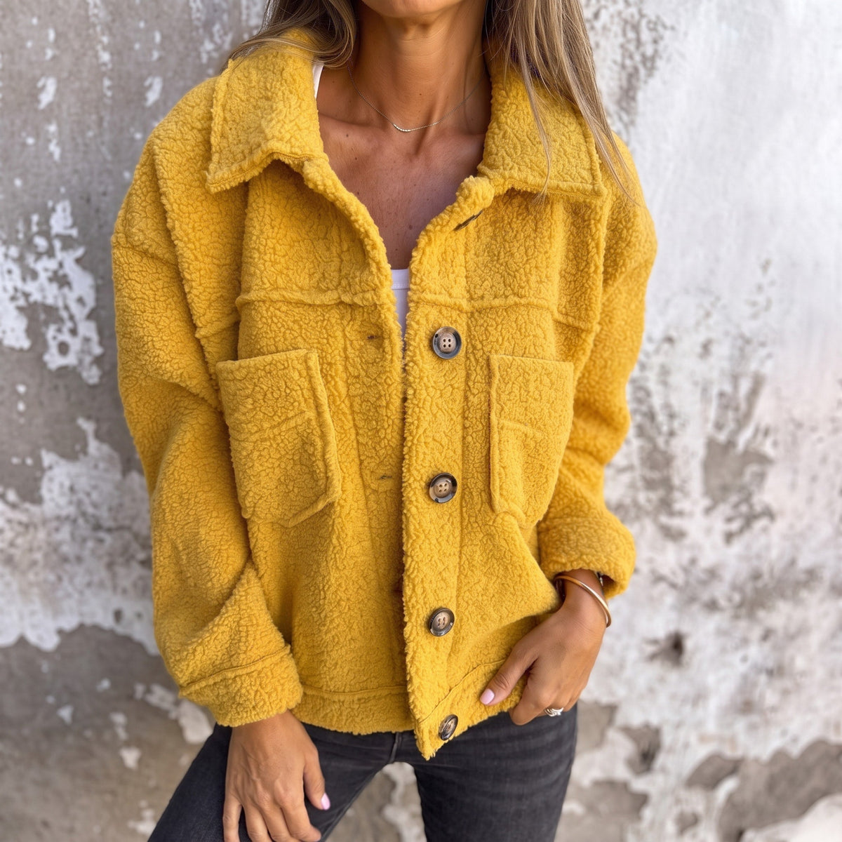 Sophie - Women's Collared Button-Front Teddy Shacket with Patch Pockets - Coats & Jackets - Yellow - Sarvento