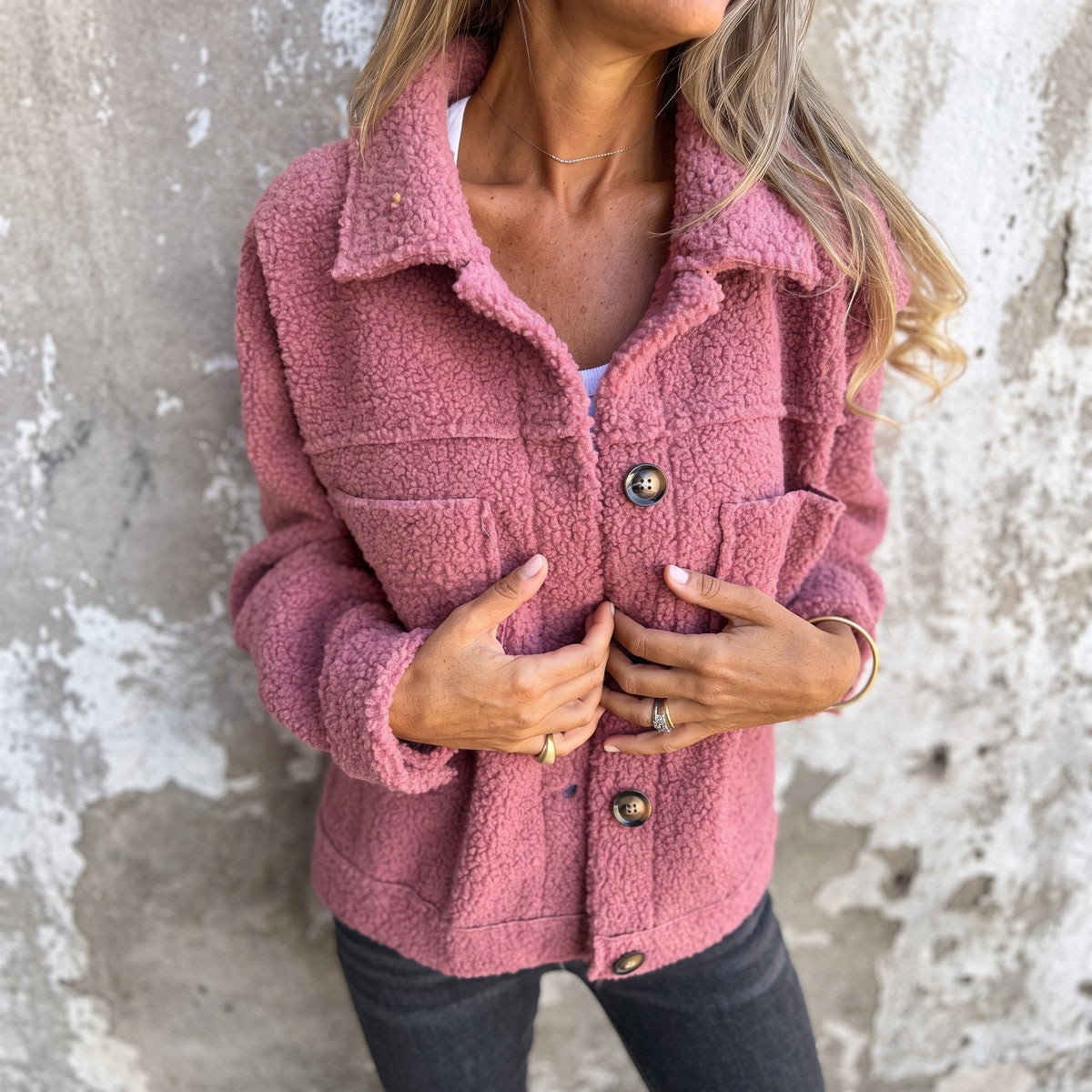 Sophie - Women's Collared Button-Front Teddy Shacket with Patch Pockets - Coats & Jackets - Pink - Sarvento