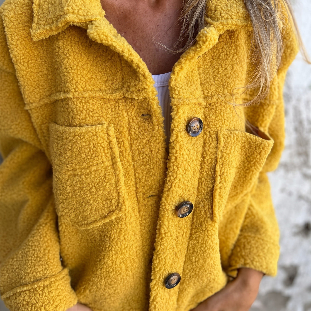 Sophie - Women's Collared Button-Front Teddy Shacket with Patch Pockets - Coats & Jackets - Yellow - Sarvento