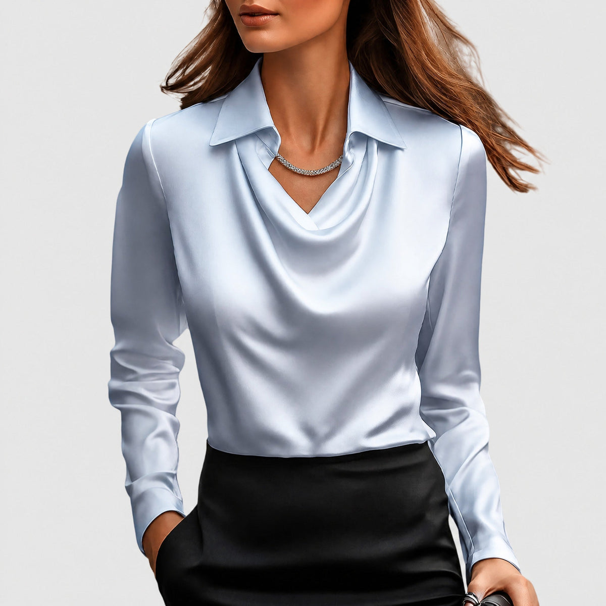 Sophie - Women's Cowl Neck Draped Blouse with Draped Collar - Blouses - Light Blue - Parker&Brooks