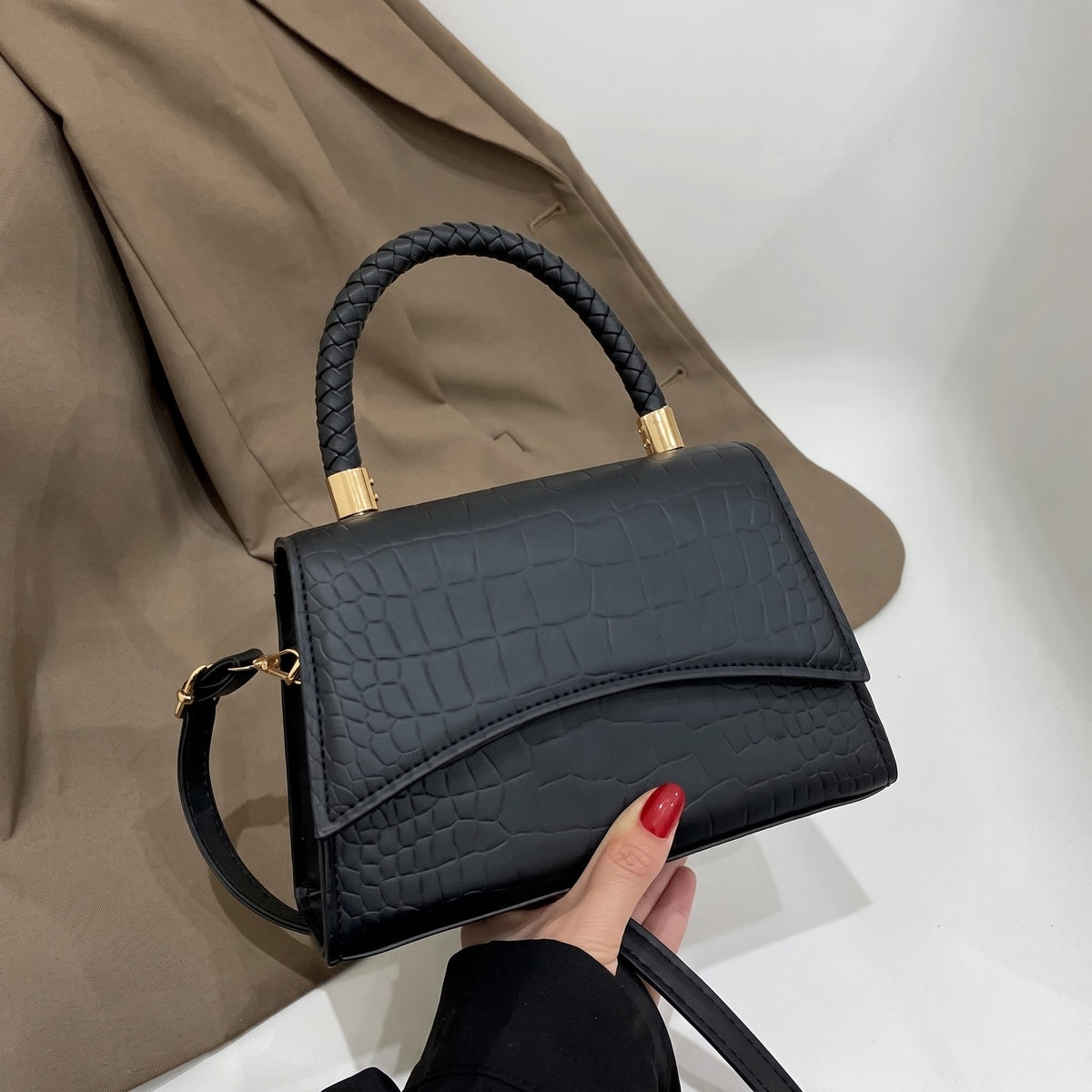 Sophie - Women's Croc-Effect Top Handle Crossbody Bag - Cross Body Bags - Black - Parker&Brooks