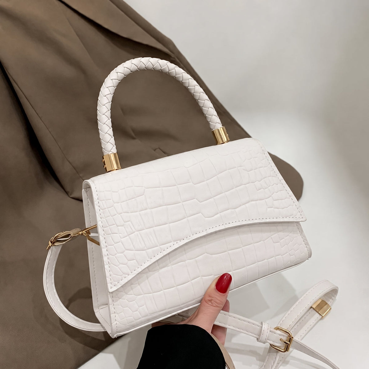 Sophie - Women's Croc-Effect Top Handle Crossbody Bag - Cross Body Bags - Beige - Parker&Brooks