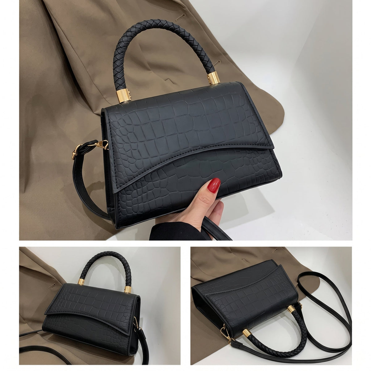 Sophie - Women's Croc-Effect Top Handle Crossbody Bag - Cross Body Bags - Black - Parker&Brooks