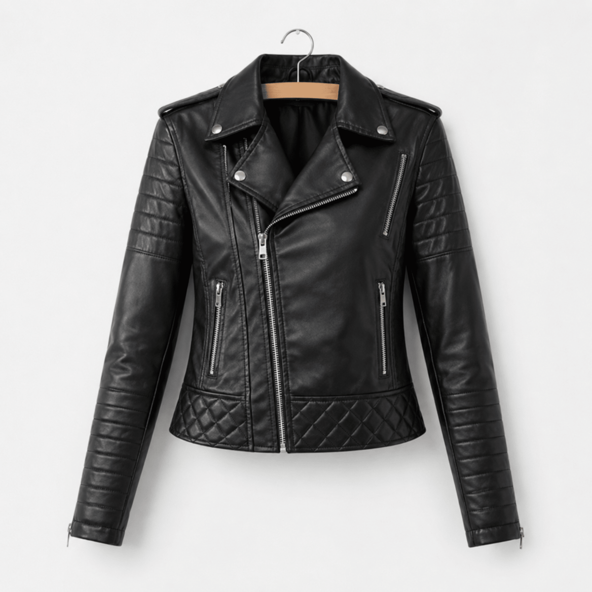 Sophie - Women's Cropped Biker Jacket with Quilted Sleeves - Black - Parker&Brooks