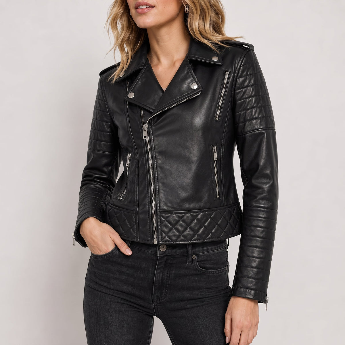 Sophie - Women's Cropped Biker Jacket with Quilted Sleeves - Black - Parker&Brooks