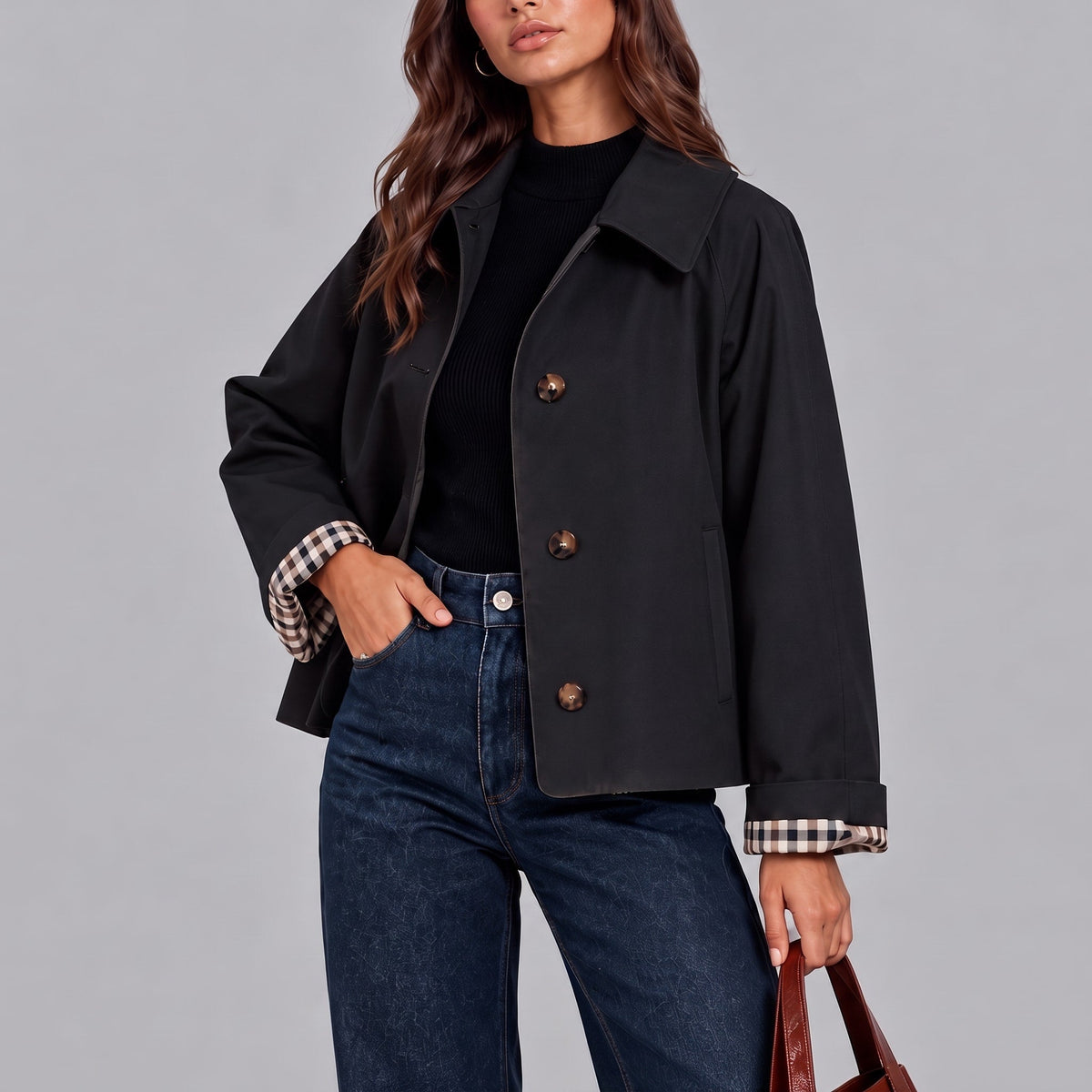Sophie – Women’s Cropped Collared Button-Front Jacket with Plaid Cuffs - Trucker Jackets - Black - Sarvento