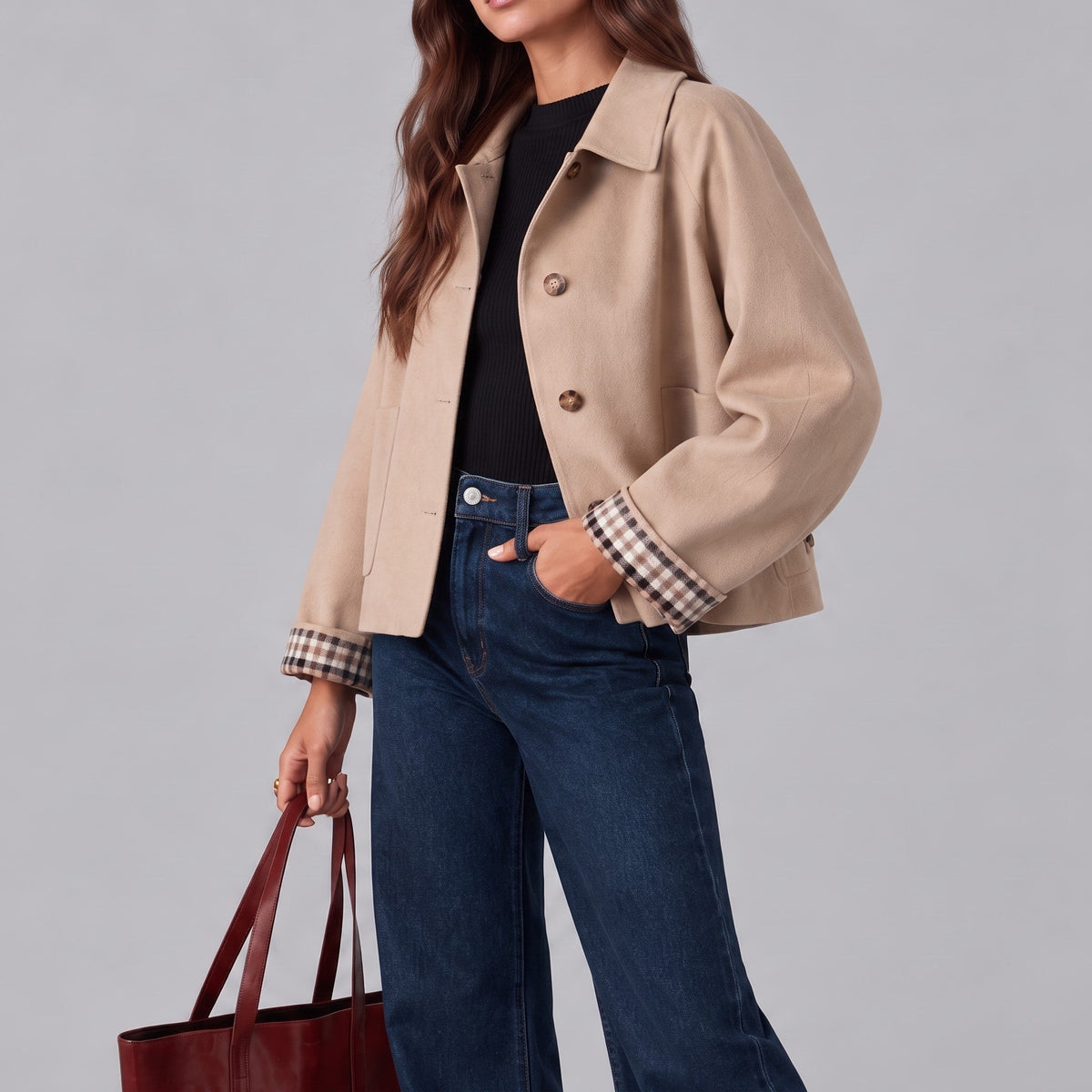 Sophie – Women’s Cropped Collared Button-Front Jacket with Plaid Cuffs - Trucker Jackets - Beige - Sarvento