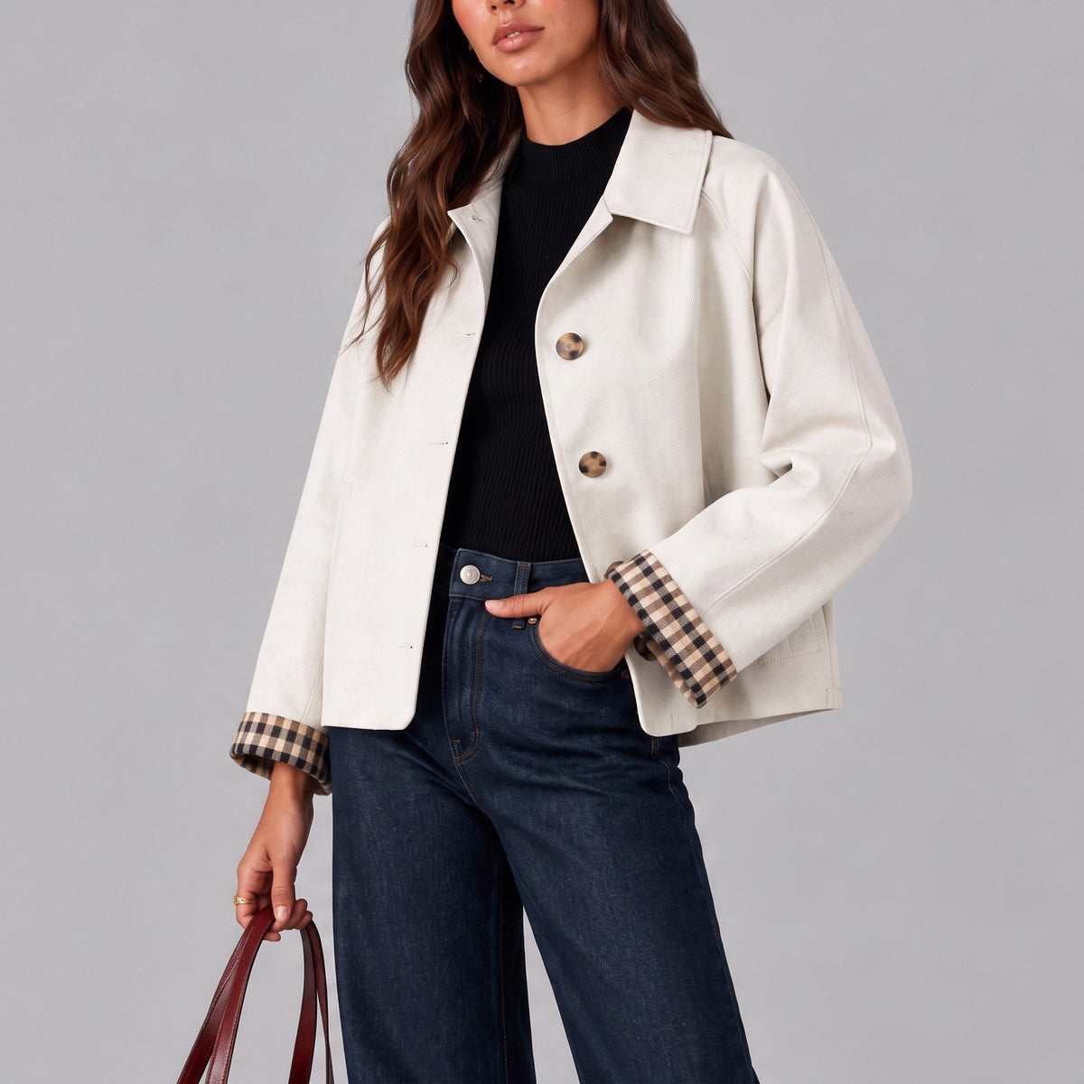 Sophie – Women’s Cropped Collared Button-Front Jacket with Plaid Cuffs - Trucker Jackets - White - Sarvento