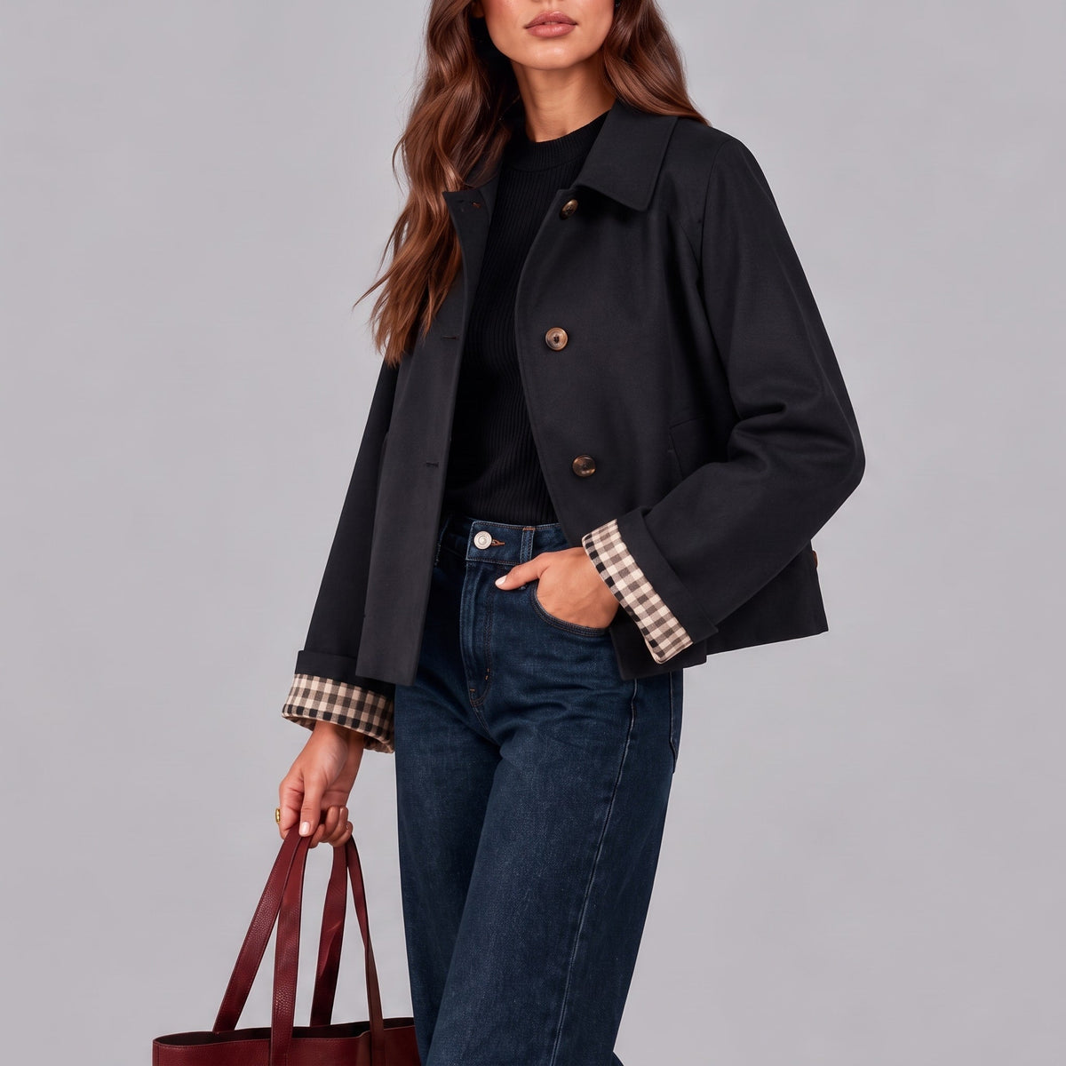 Sophie – Women’s Cropped Collared Button-Front Jacket with Plaid Cuffs - Trucker Jackets - Black - Sarvento