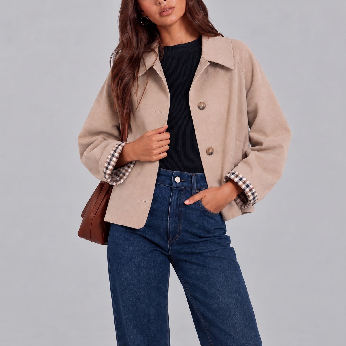 Sophie – Women’s Cropped Collared Button-Front Jacket with Plaid Cuffs - Trucker Jackets - Beige - Sarvento