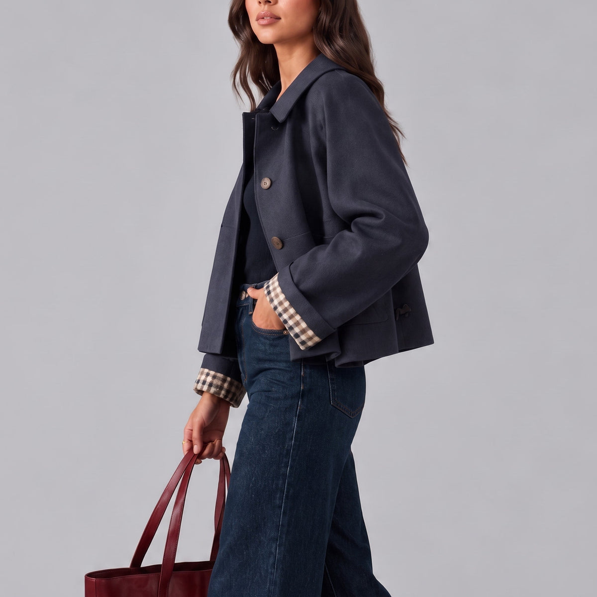 Sophie – Women’s Cropped Collared Button-Front Jacket with Plaid Cuffs - Trucker Jackets - Navy - Sarvento