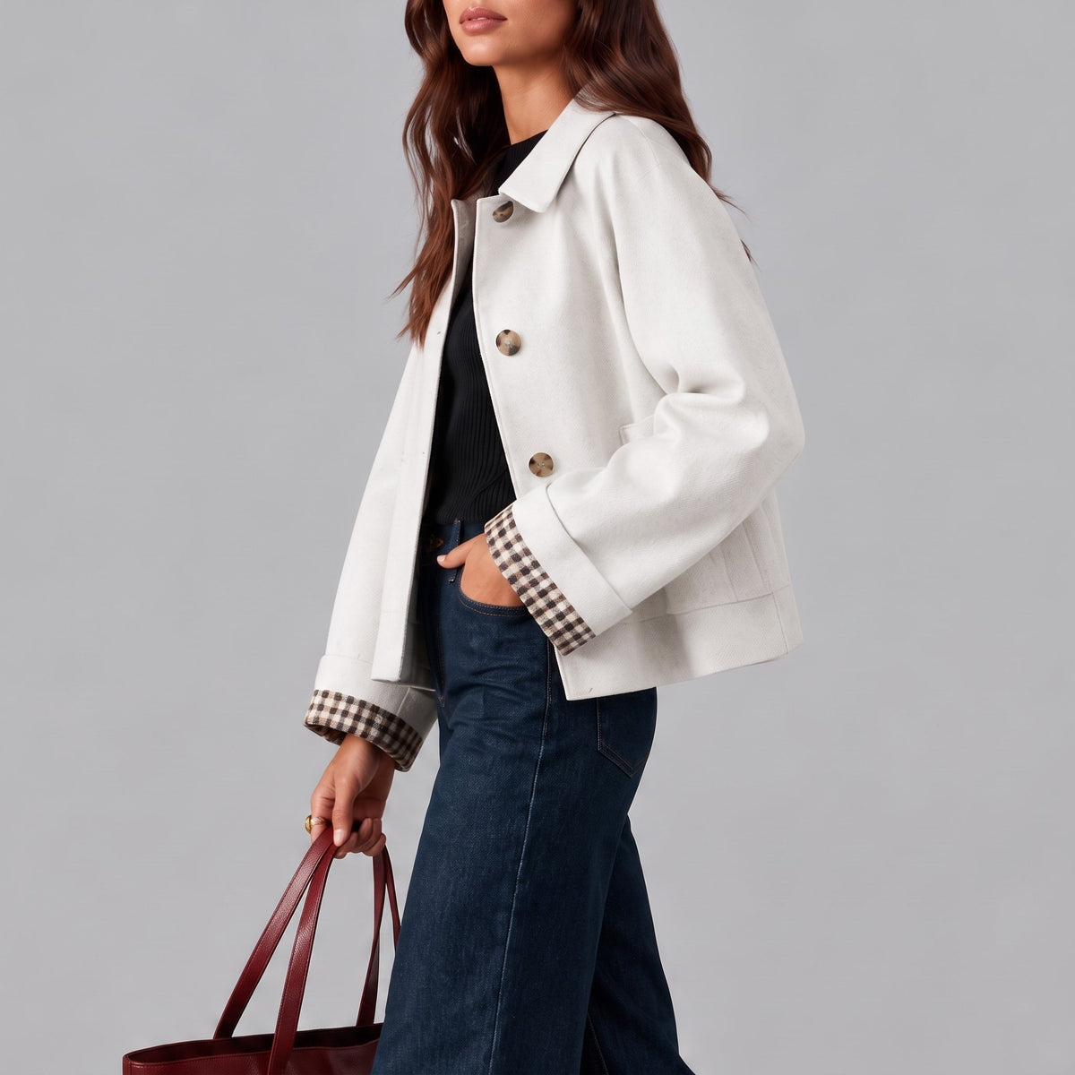 Sophie – Women’s Cropped Collared Button-Front Jacket with Plaid Cuffs - Trucker Jackets - White - Sarvento