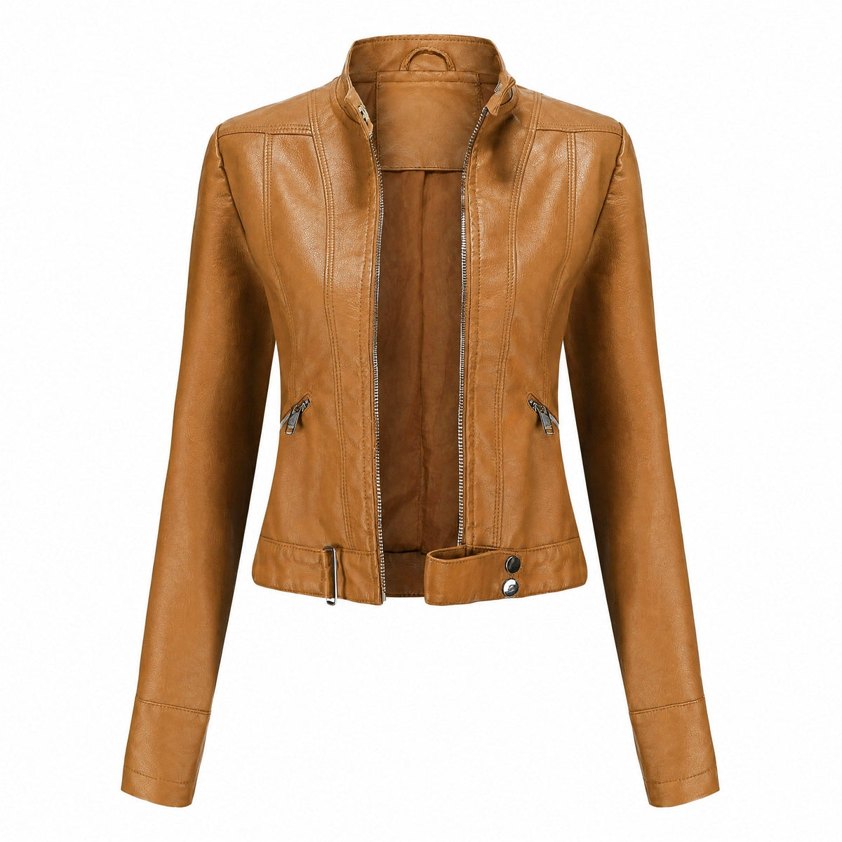 Sophie - Women's Cropped Moto Jacket with Stand Collar and Zip Pockets - Motorcycle Outerwear - Camel - Parker&Brooks