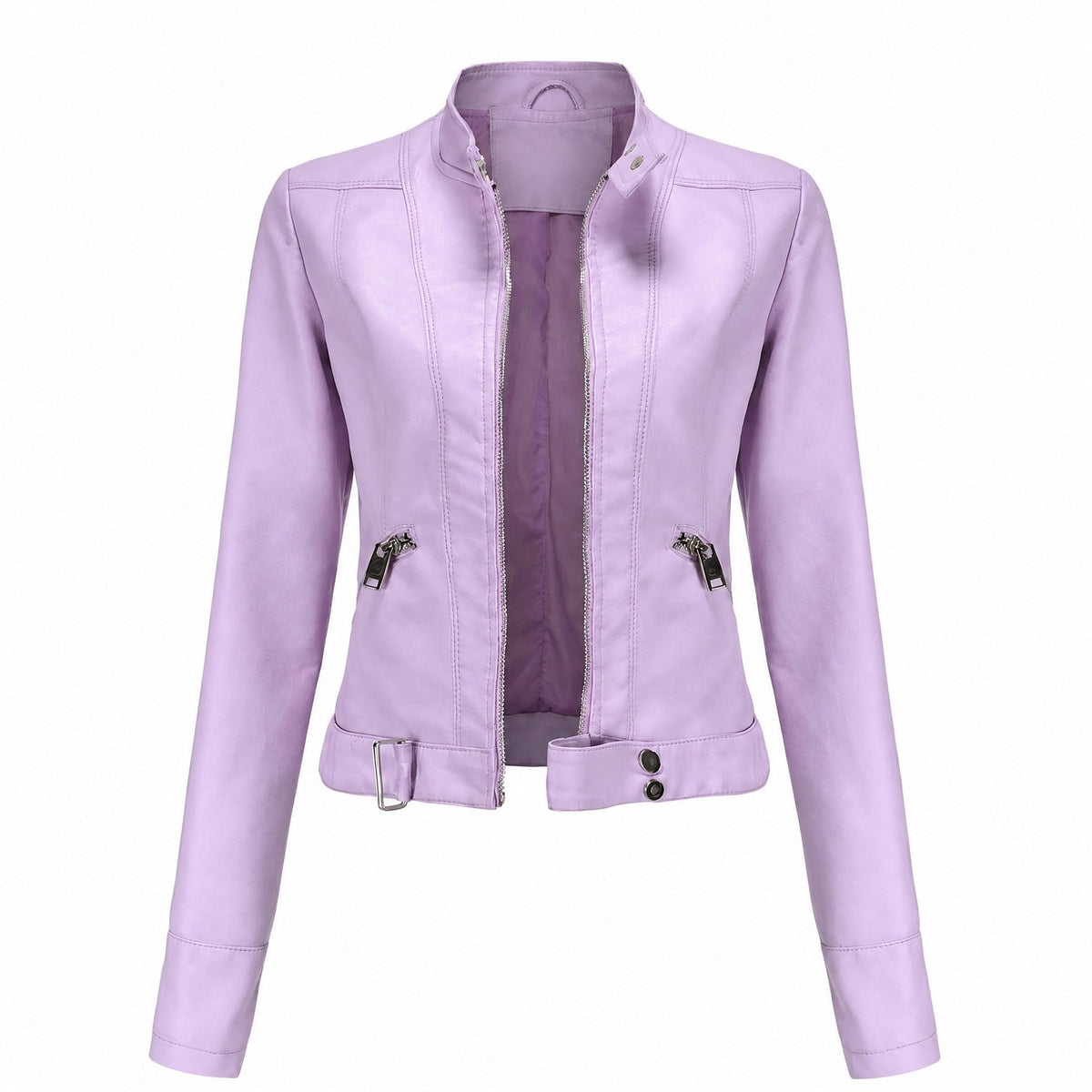 Sophie - Women's Cropped Moto Jacket with Stand Collar and Zip Pockets - Motorcycle Outerwear - Pink - Parker&Brooks