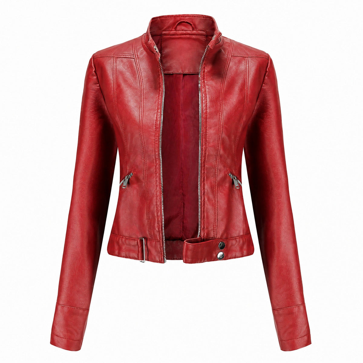 Sophie - Women's Cropped Moto Jacket with Stand Collar and Zip Pockets - Motorcycle Outerwear - Red - Parker&Brooks