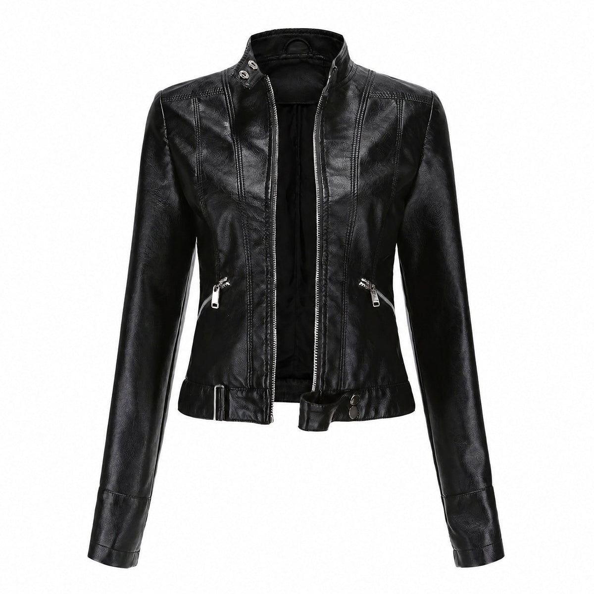 Sophie - Women's Cropped Moto Jacket with Stand Collar and Zip Pockets - Motorcycle Outerwear - Black - Parker&Brooks