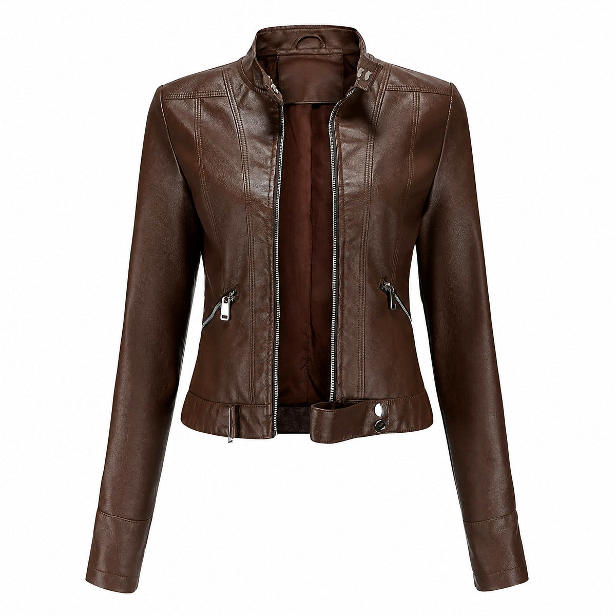 Sophie - Women's Cropped Moto Jacket with Stand Collar and Zip Pockets - Motorcycle Outerwear - Brown - Parker&Brooks