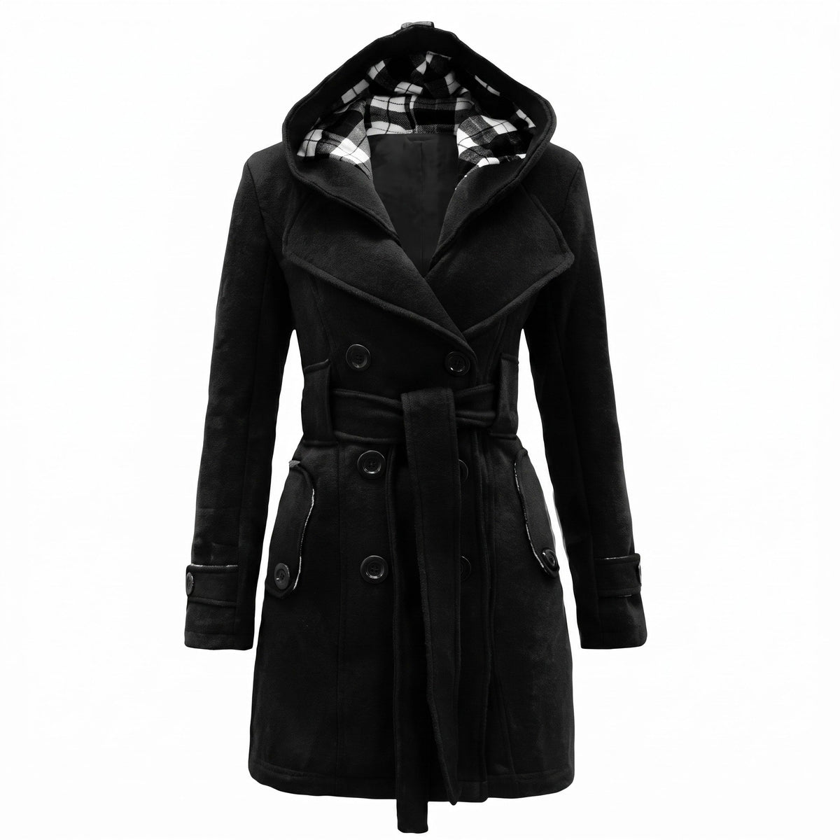 Sophie - Women's Double-Breasted Hooded Wool Coat with Belted Waist - Trench Coats - Black - Parker&Brooks