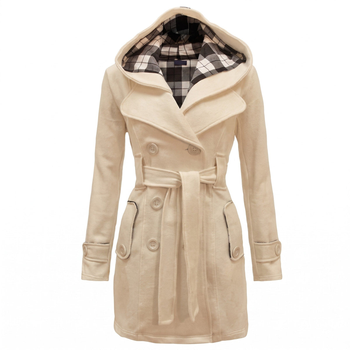 Sophie - Women's Double-Breasted Hooded Wool Coat with Belted Waist - Trench Coats - Beige - Parker&Brooks