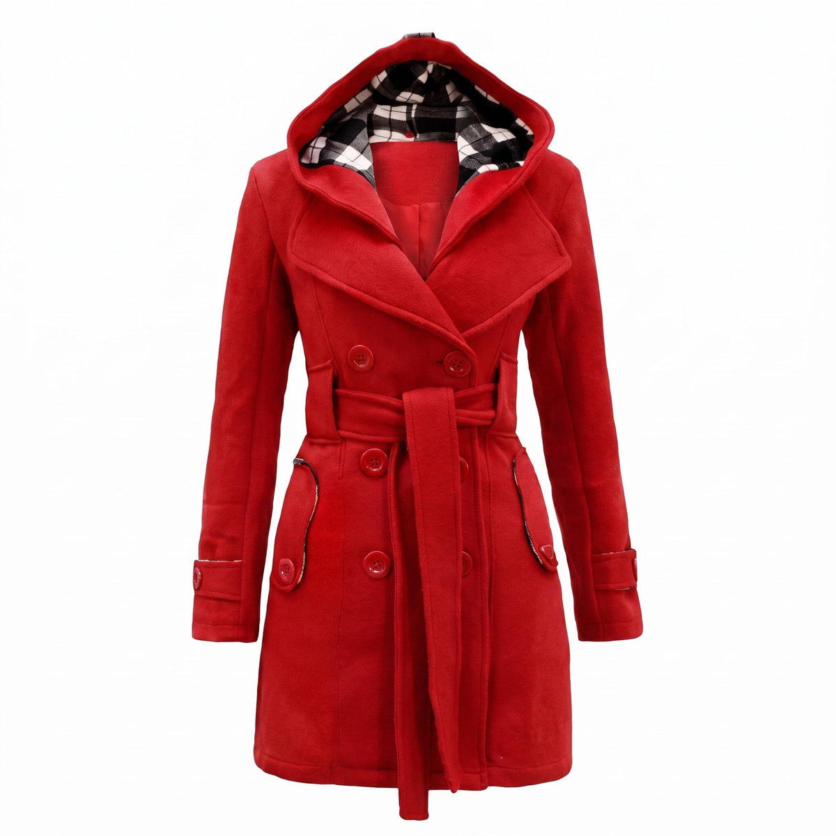 Sophie - Women's Double-Breasted Hooded Wool Coat with Belted Waist - Trench Coats - Red - Parker&Brooks
