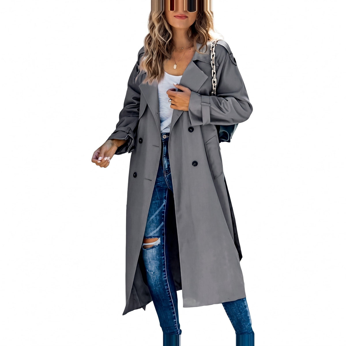 Sophie - Women's Double-Breasted Longline Trench Coat with Belt - Trench Coats - Gray - Parker&Brooks