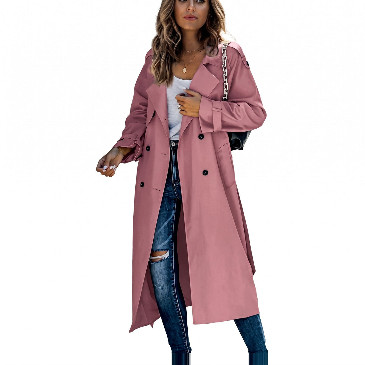 Sophie - Women's Double-Breasted Longline Trench Coat with Belt - Trench Coats - Pink - Parker&Brooks