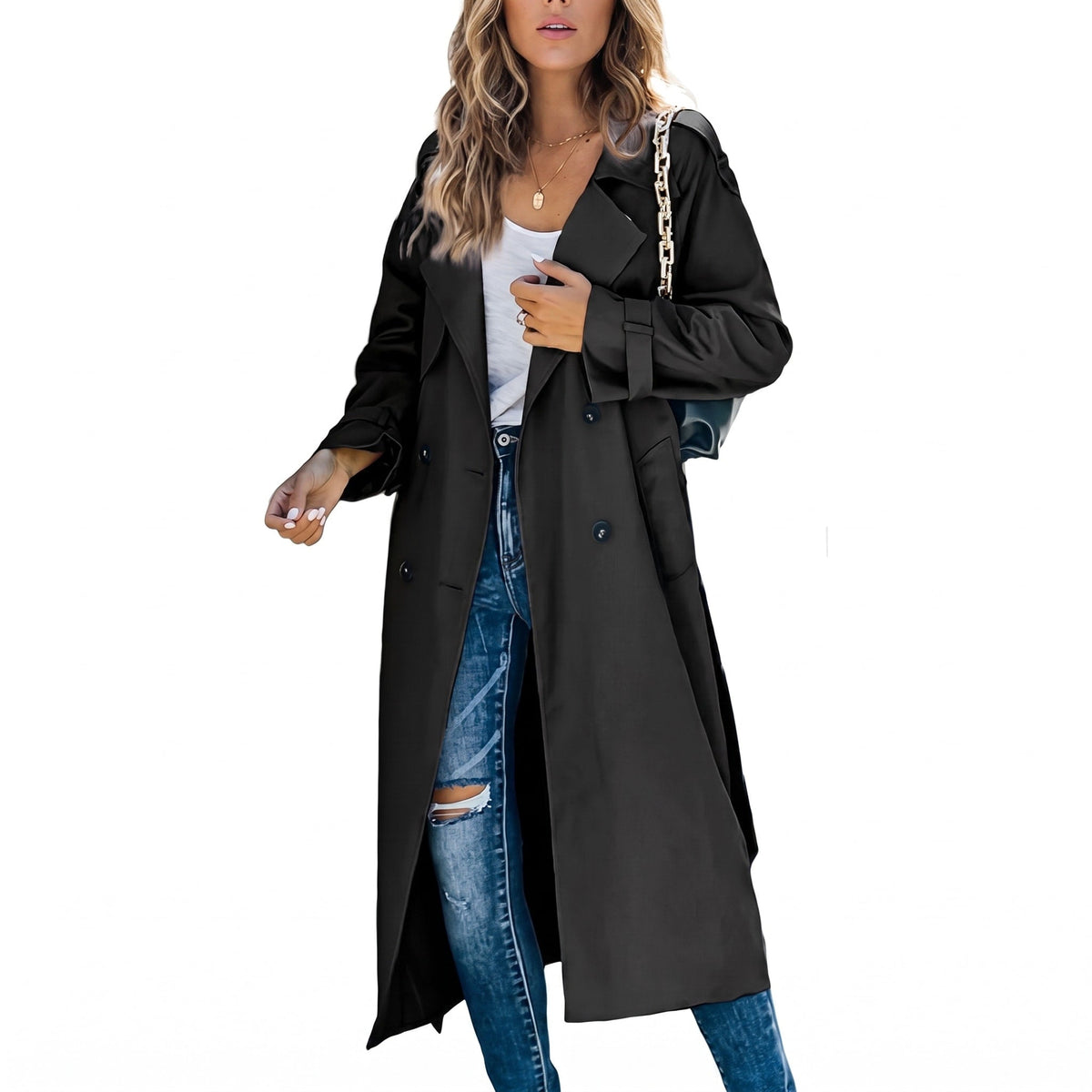 Sophie - Women's Double-Breasted Longline Trench Coat with Belt - Trench Coats - Black - Parker&Brooks