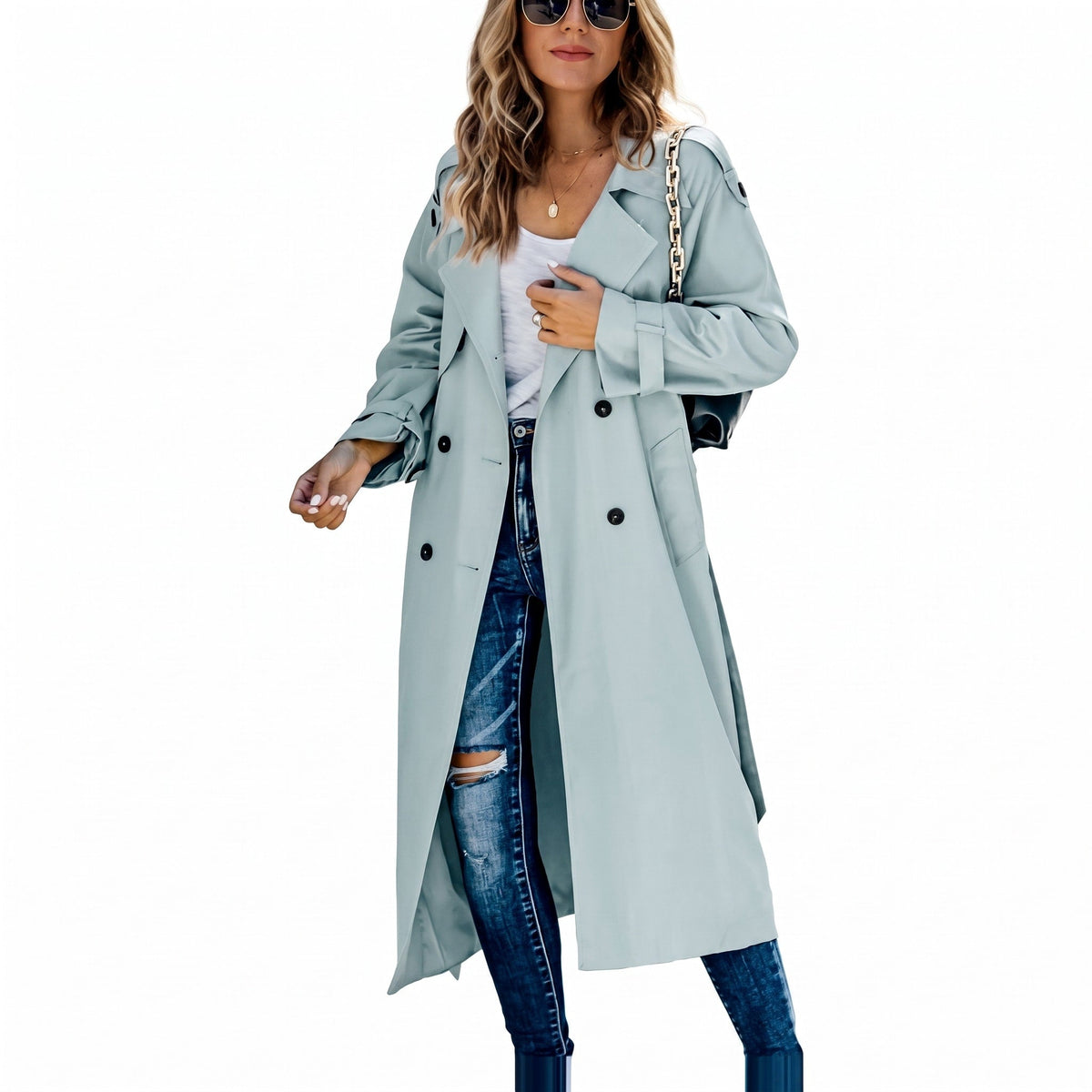 Sophie - Women's Double-Breasted Longline Trench Coat with Belt - Trench Coats - Light Blue - Parker&Brooks