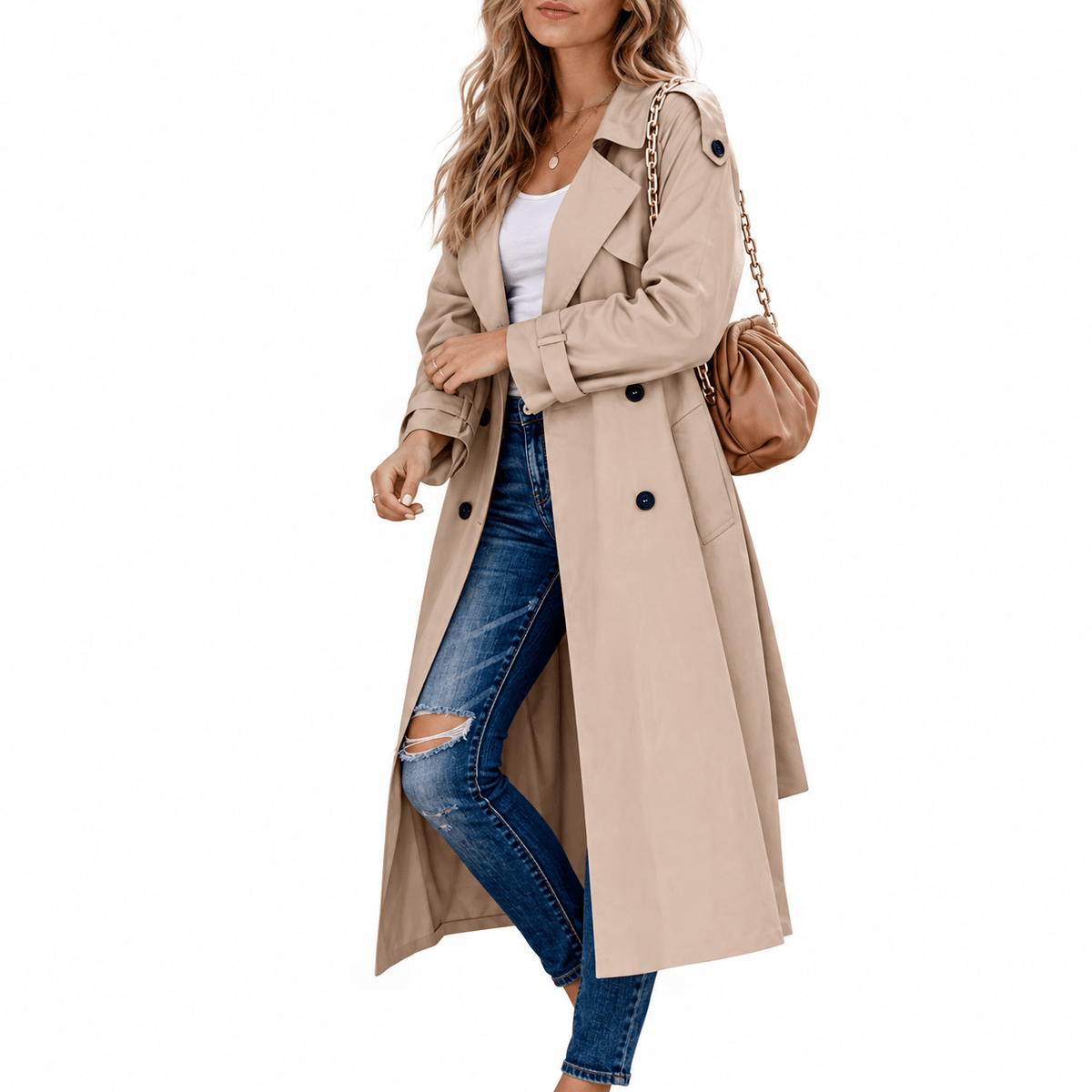 Sophie - Women's Double-Breasted Longline Trench Coat with Belt - Trench Coats - Khaki - Sarvento
