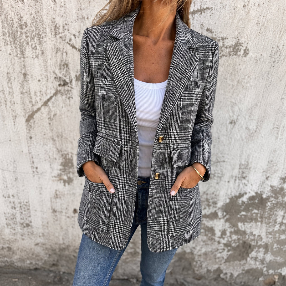 Sophie - Women's Double-Breasted Plaid Blazer with Notch Lapel - Blazers - Black - Parker&Brooks