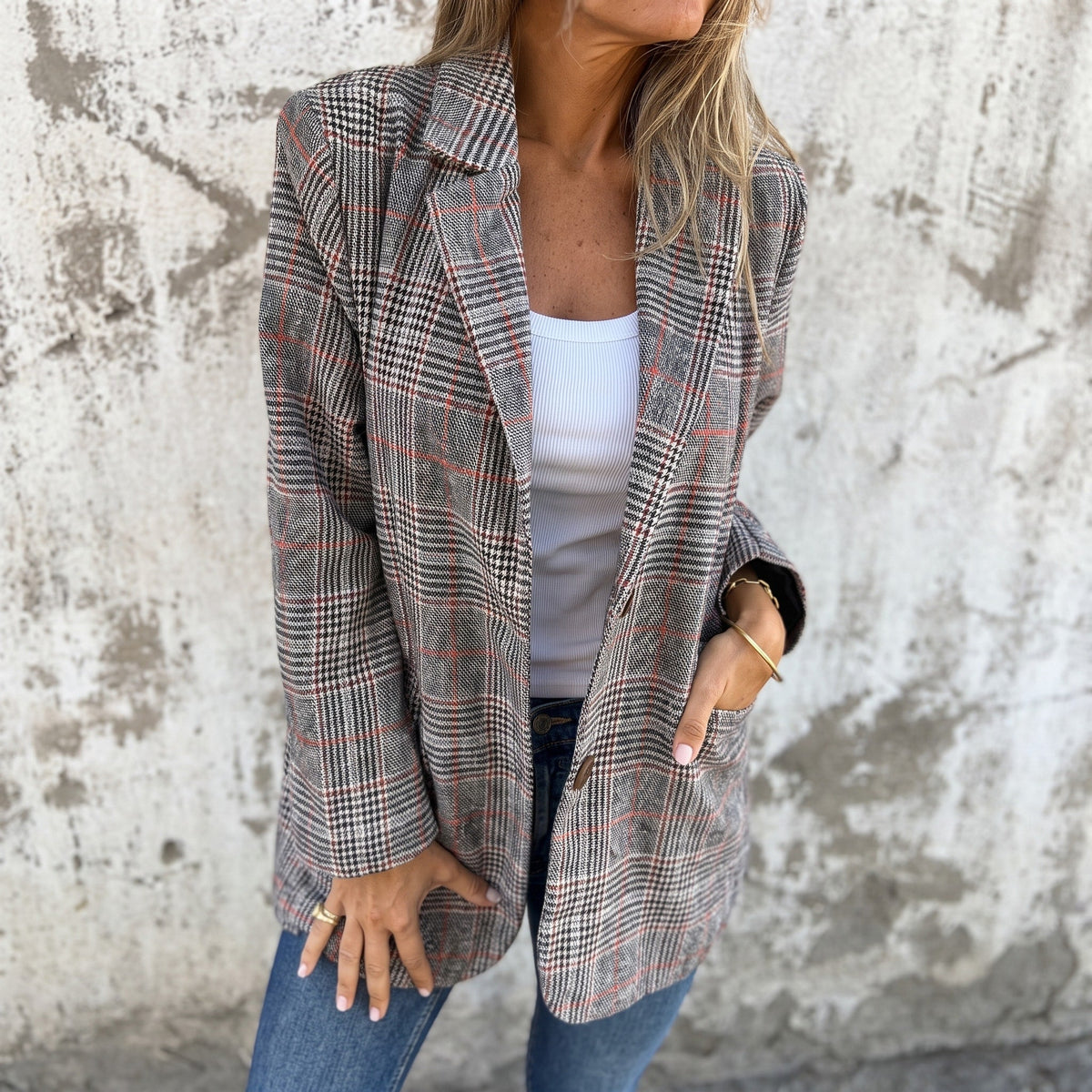 Sophie - Women's Double-Breasted Plaid Blazer with Notch Lapel - Blazers - Brown - Parker&Brooks