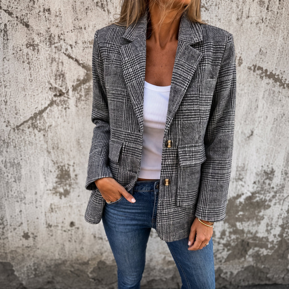 Sophie - Women's Double-Breasted Plaid Blazer with Notch Lapel - Blazers - Black - Parker&Brooks
