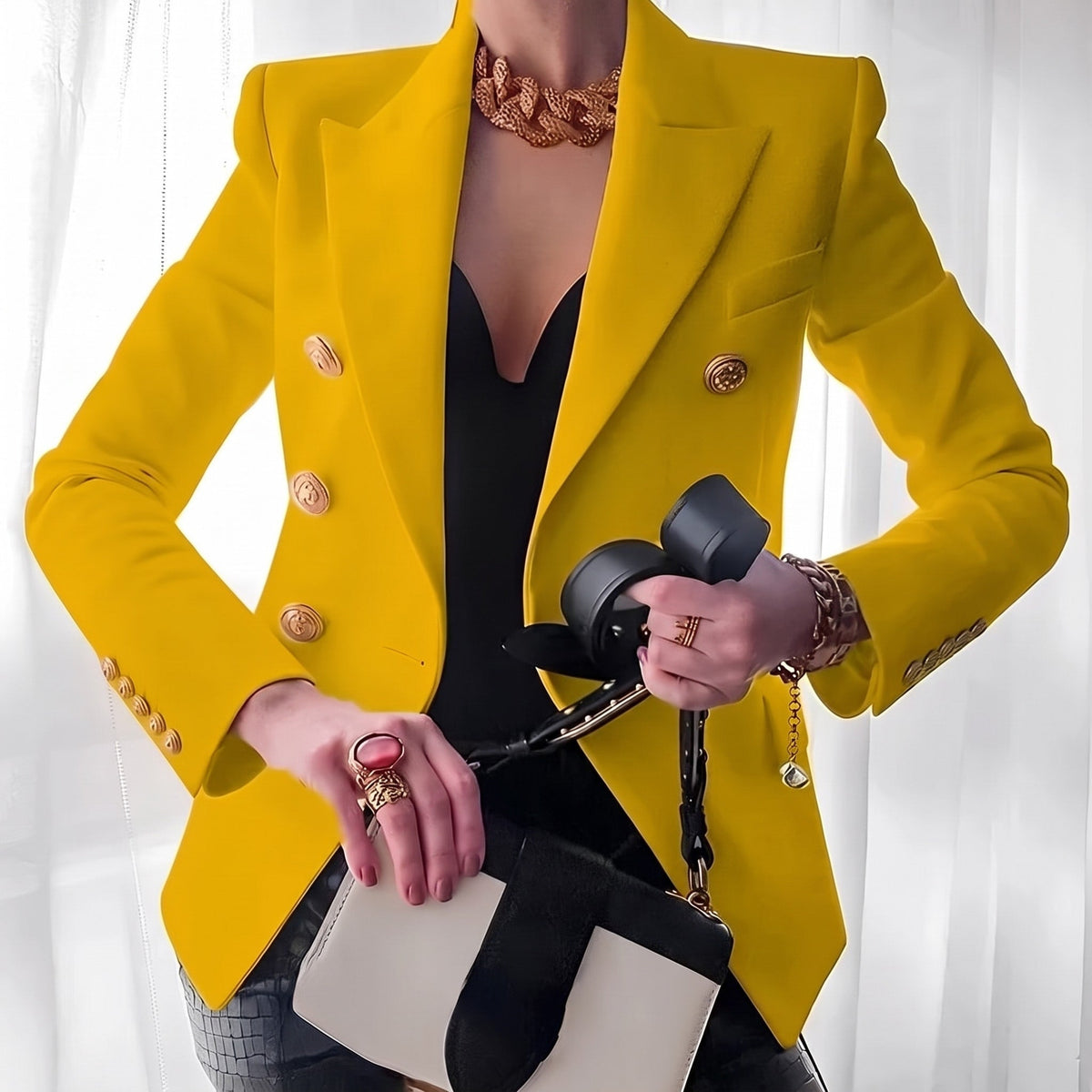 Sophie - Women's Double-Breasted Tailored Blazer with Gold Buttons - Blazers - Yellow - Sarvento