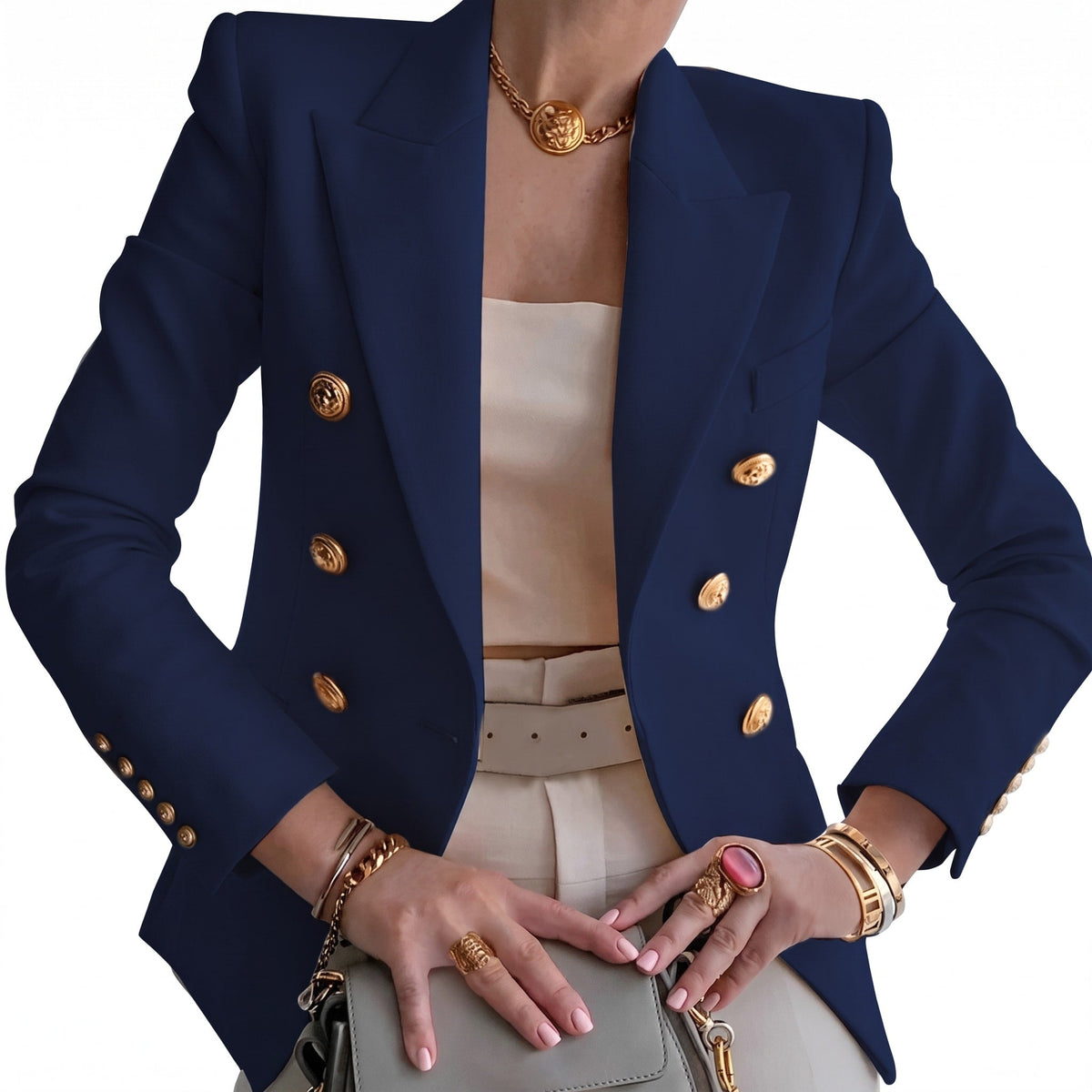 Sophie - Women's Double-Breasted Tailored Blazer with Gold Buttons - Blazers - Navy Blue - Sarvento