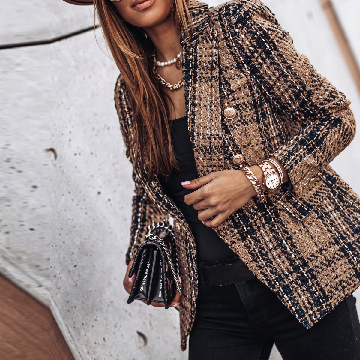Sophie - Women's Double-Breasted Tweed Blazer with Button Front - Blazers - Brown - Sarvento