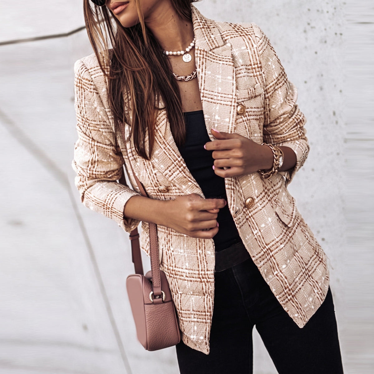 Sophie - Women's Double-Breasted Tweed Blazer with Button Front - Blazers - Beige - Sarvento