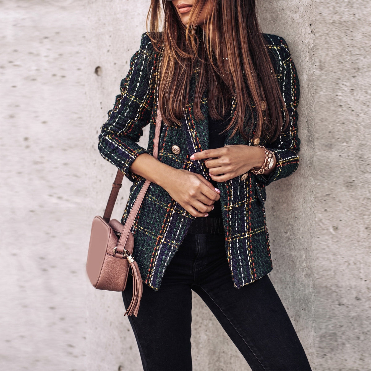 Sophie - Women's Double-Breasted Tweed Blazer with Button Front - Blazers - Green - Sarvento
